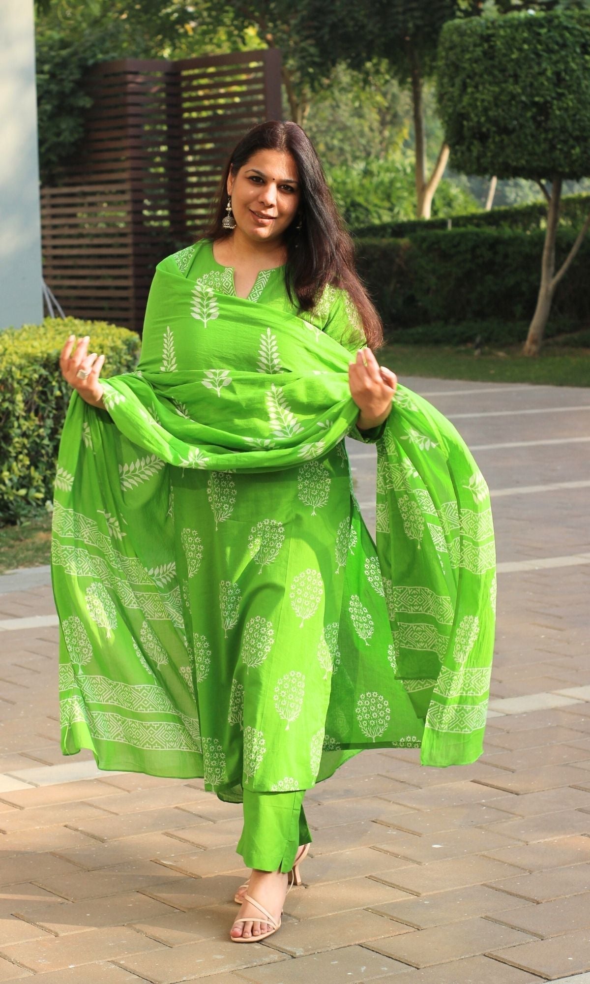 Cotton Handblock Parrot Green Oval Tree Suit with Mul Cotton Printed Dupatta