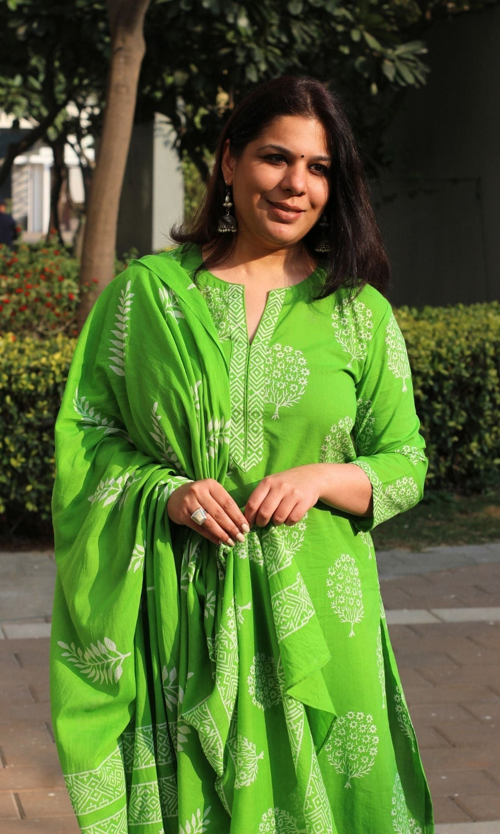 Cotton Handblock Parrot Green Oval Tree Suit with Mul Cotton Printed Dupatta