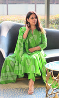 Cotton Handblock Parrot Green Oval Tree Suit with Mul Cotton Printed Dupatta