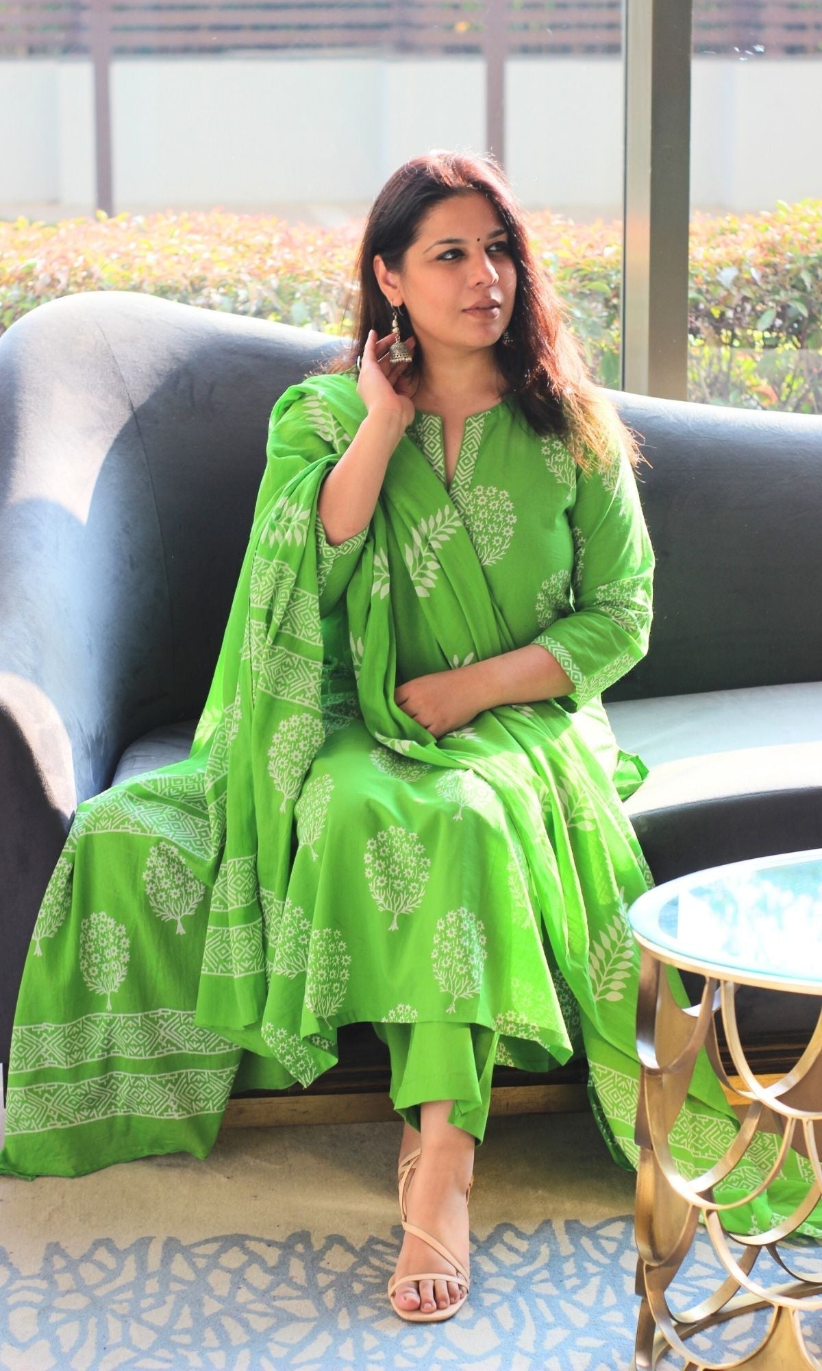 Cotton Handblock Parrot Green Oval Tree Suit with Mul Cotton Printed Dupatta