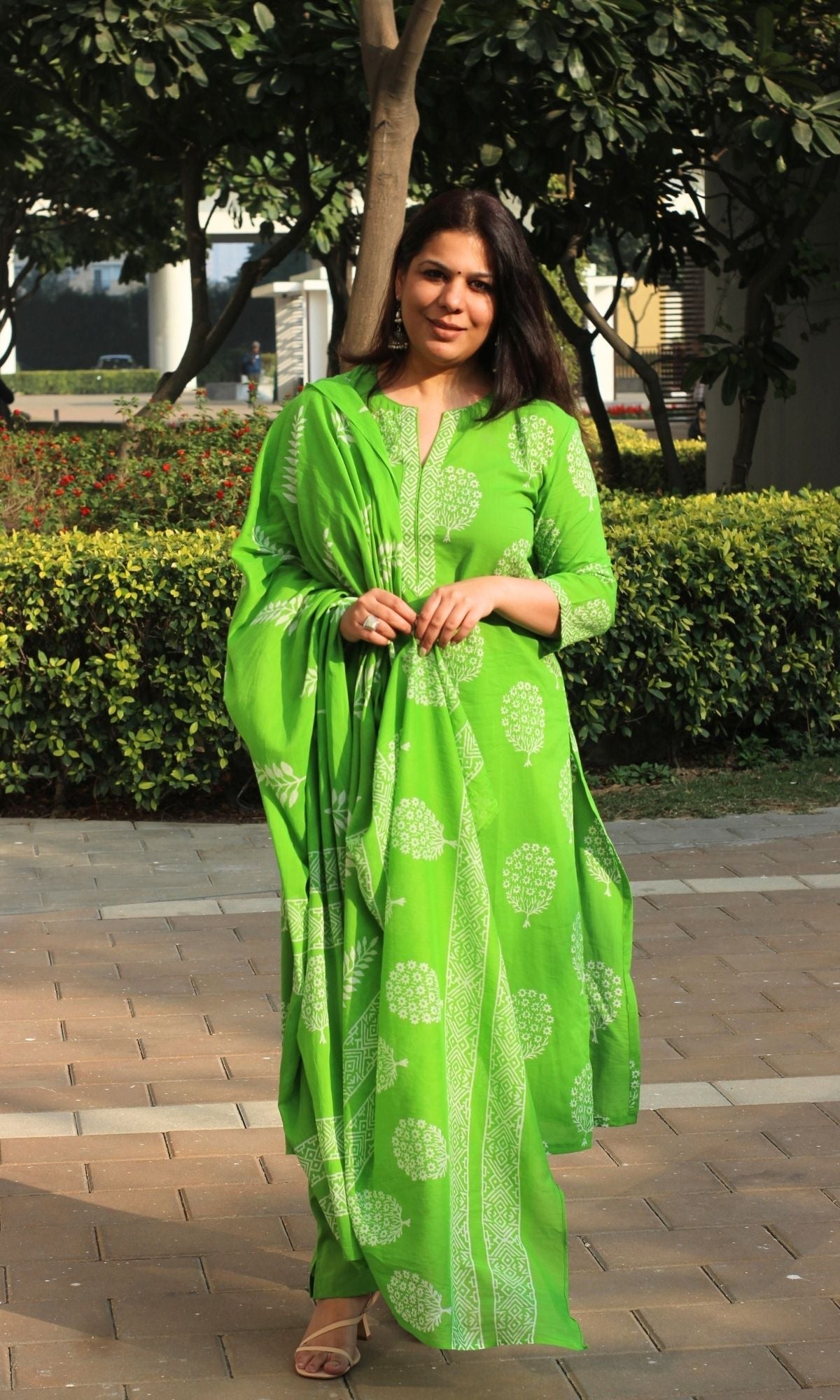 Cotton Handblock Parrot Green Oval Tree Suit with Mul Cotton Printed Dupatta