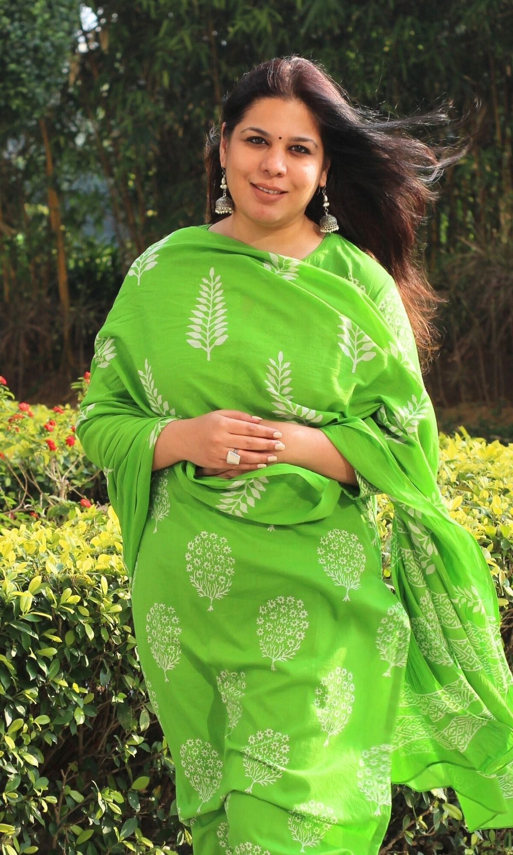 Cotton Handblock Parrot Green Oval Tree Suit with Mul Cotton Printed Dupatta