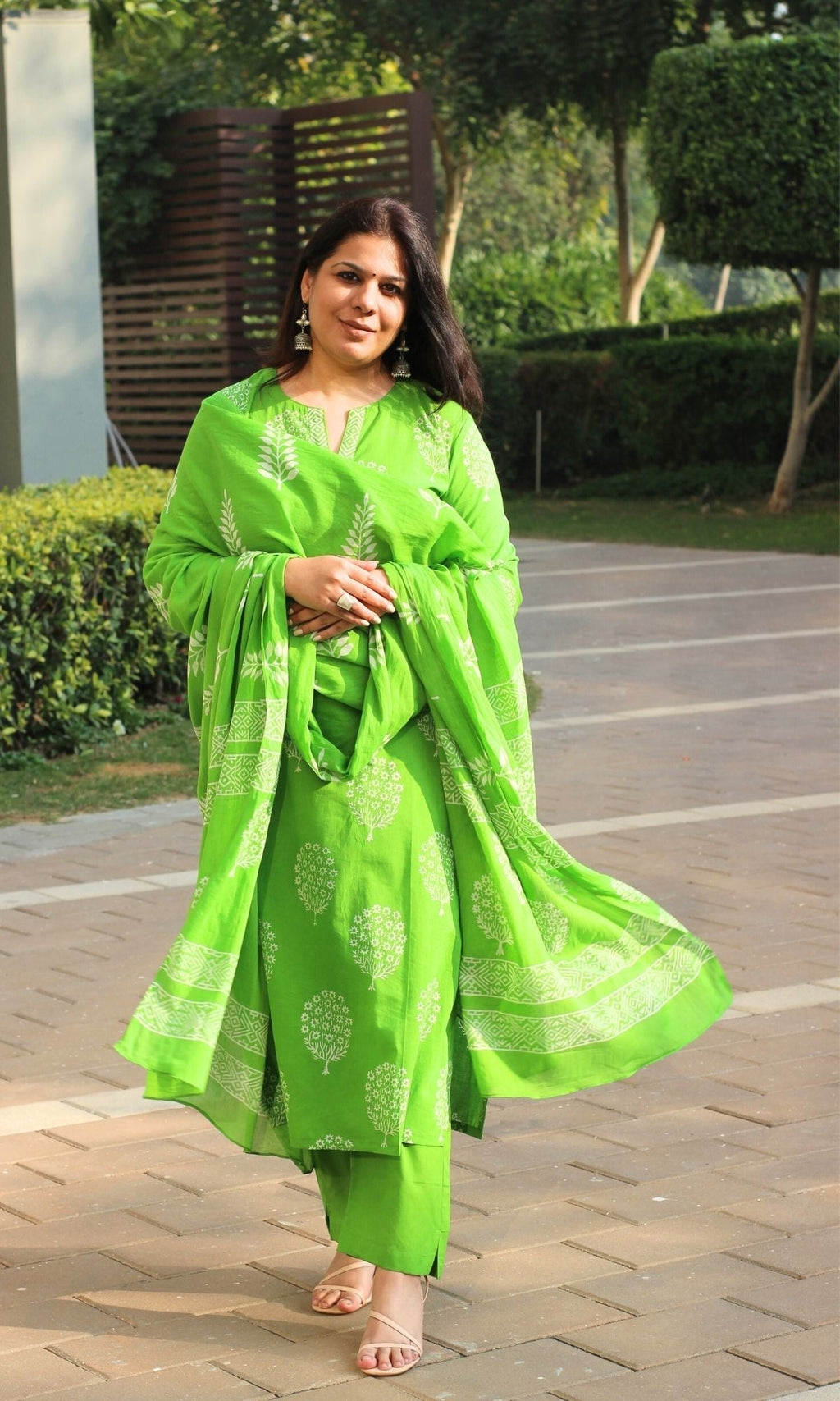 Cotton Handblock Parrot Green Oval Tree Suit with Mul Cotton Printed Dupatta
