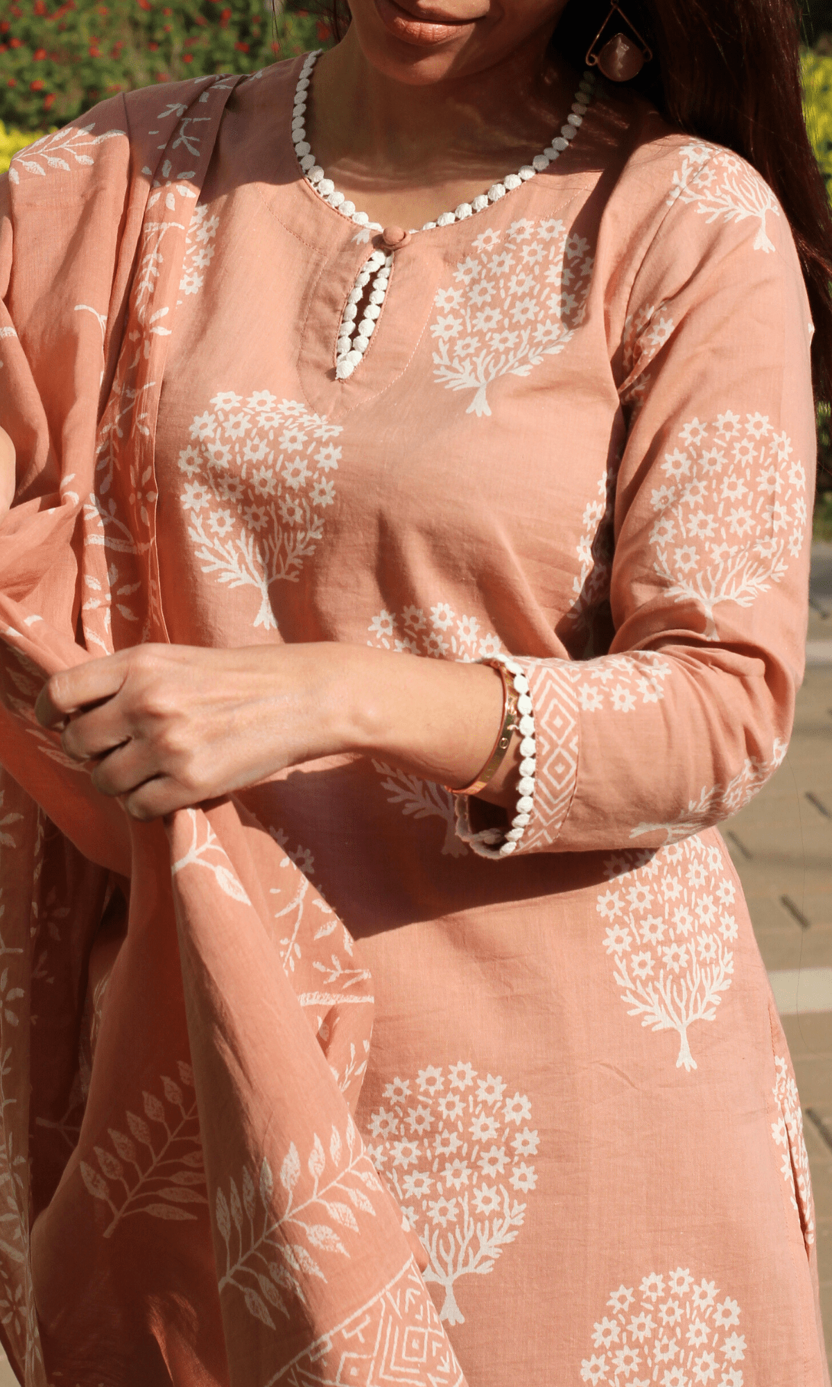 Cotton Handblock Salmon Mughal Print Suit with Cotton Handblock Printed Dupatta