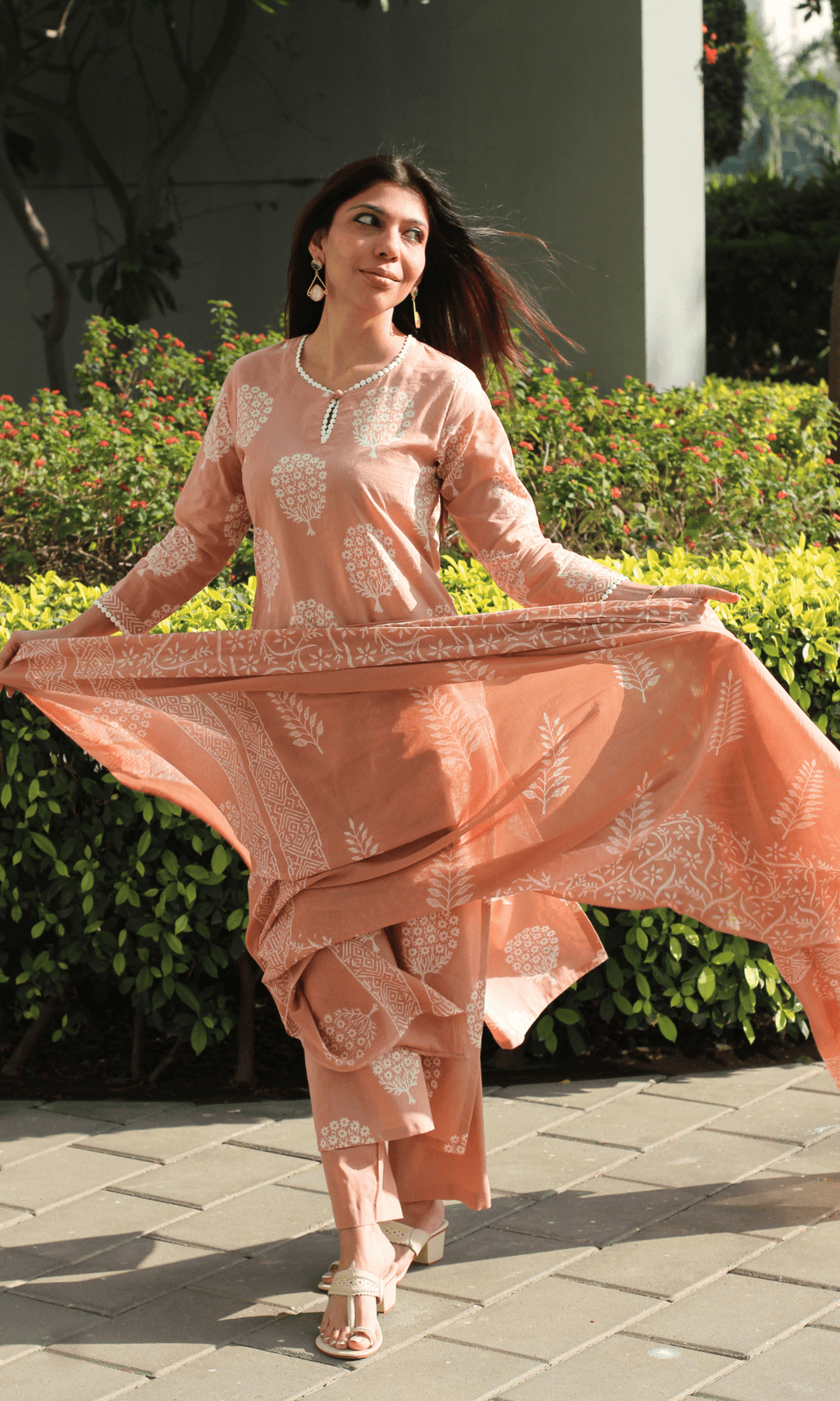 Cotton Handblock Salmon Mughal Print Suit with Cotton Handblock Printed Dupatta