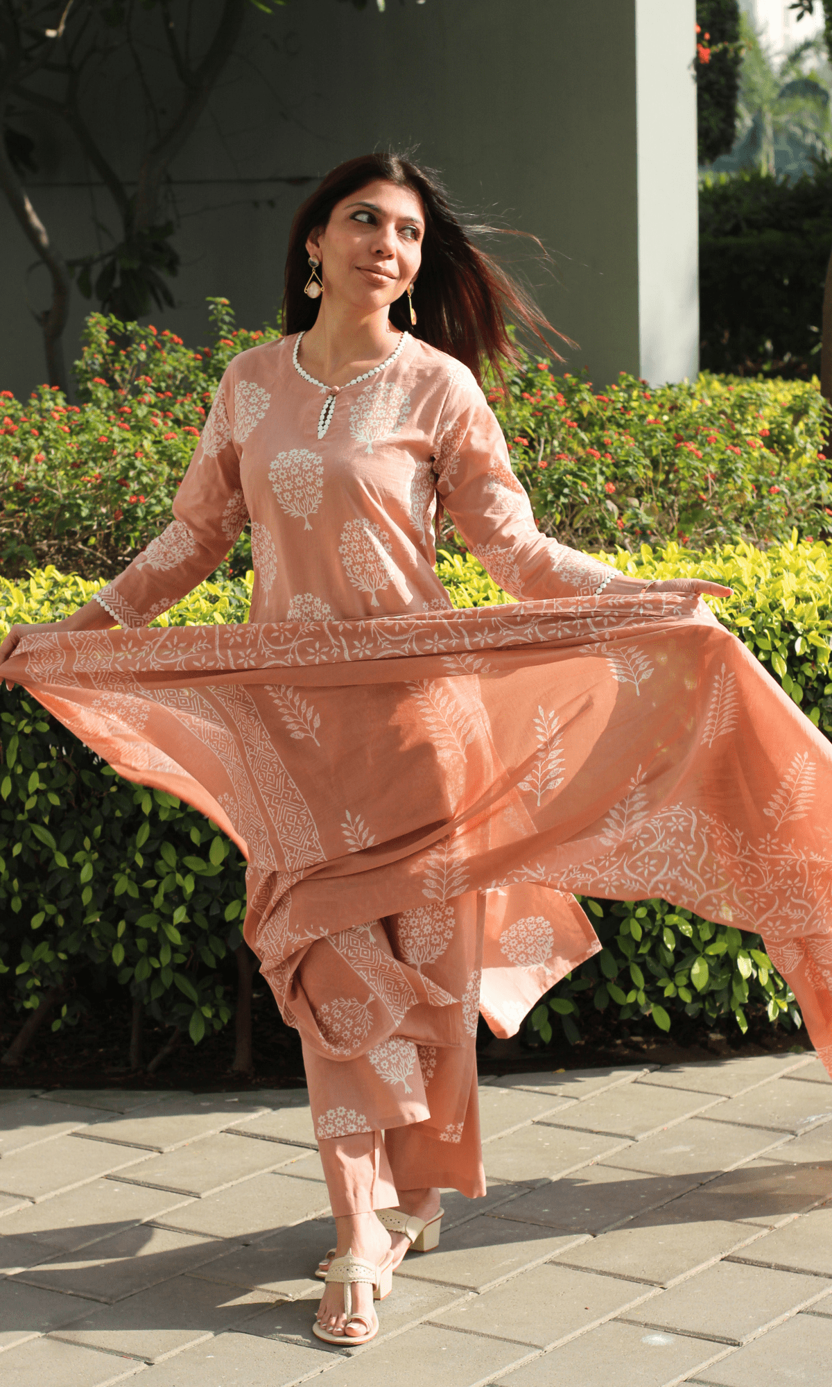 Cotton Handblock Salmon Mughal Print Suit with Cotton Handblock Printed Dupatta