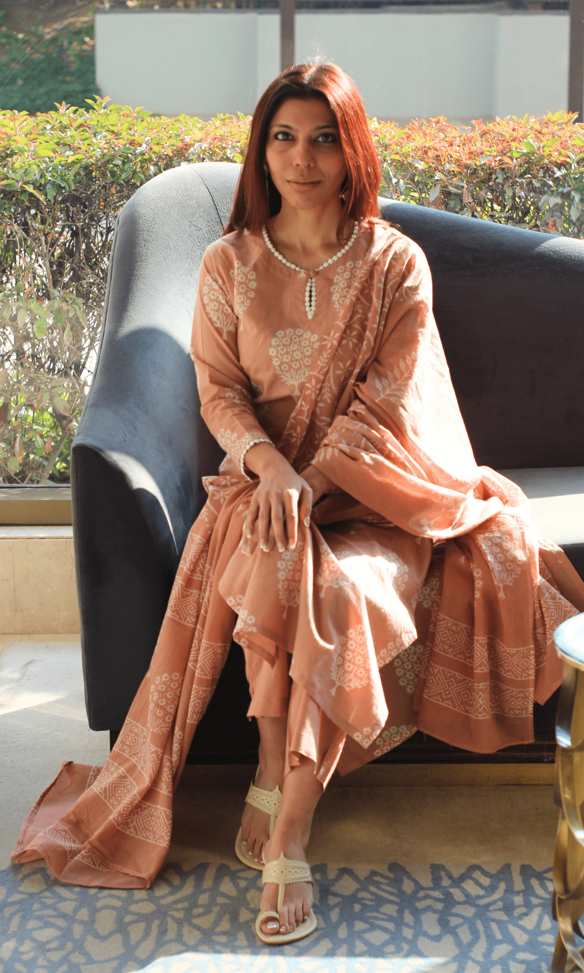 Cotton Handblock Salmon Mughal Print Suit with Cotton Handblock Printed Dupatta