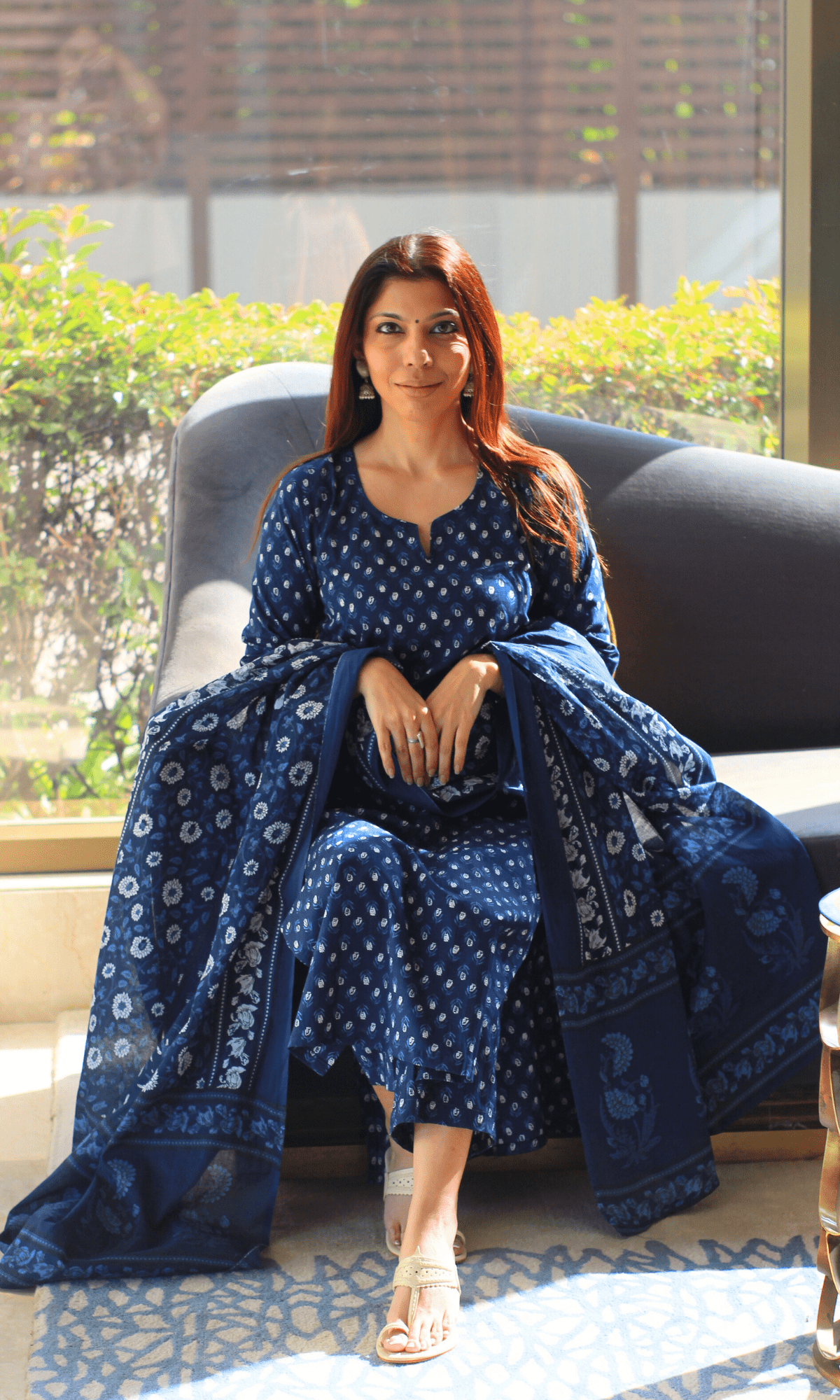Cotton Indigo Small Print Suit with Cotton Printed Dupatta