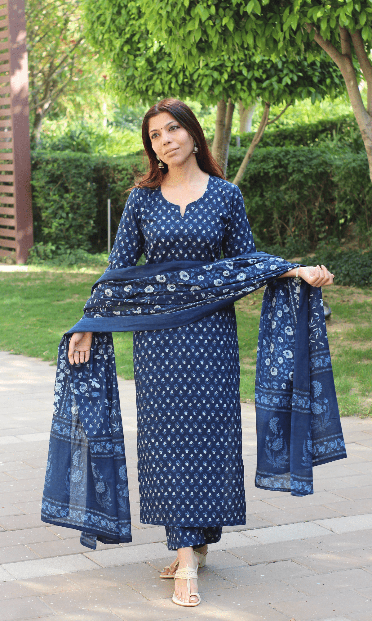 Cotton Indigo Small Print Suit with Cotton Printed Dupatta