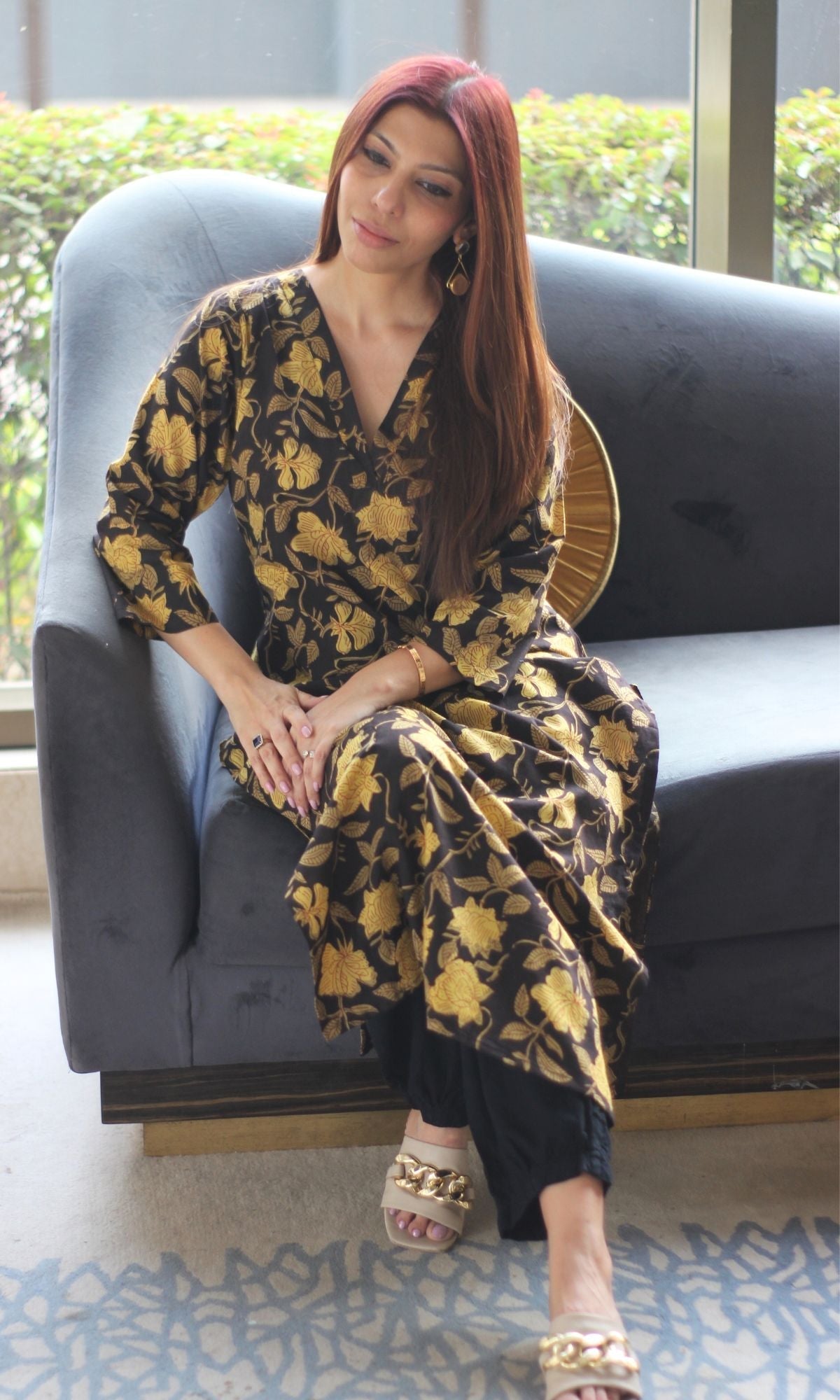 Cotton Jahota Print Black & Brown Straight Kurta