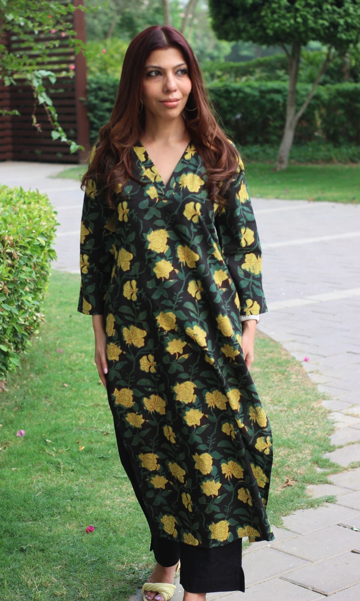 Cotton Jahota Print Black & Green Straight Kurta
