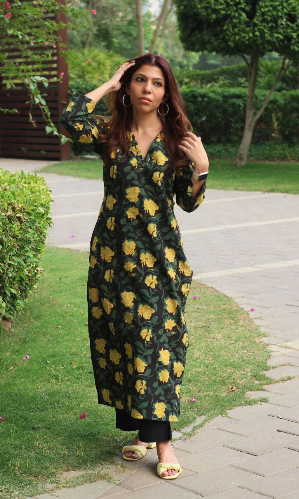 Cotton Jahota Print Black & Green Straight Kurta
