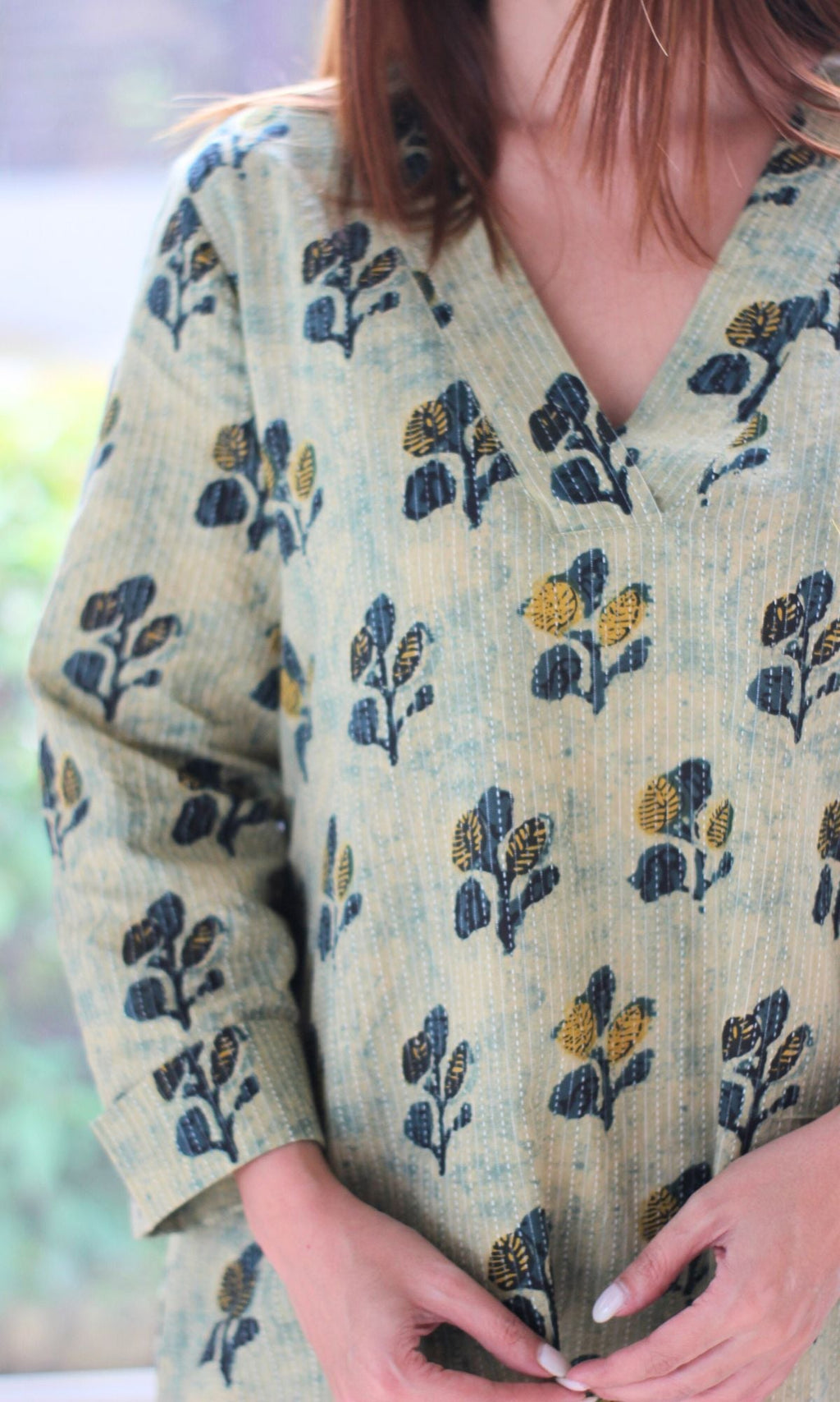 Cotton Kantha Summer Green Vanaspati print A-line Kurta