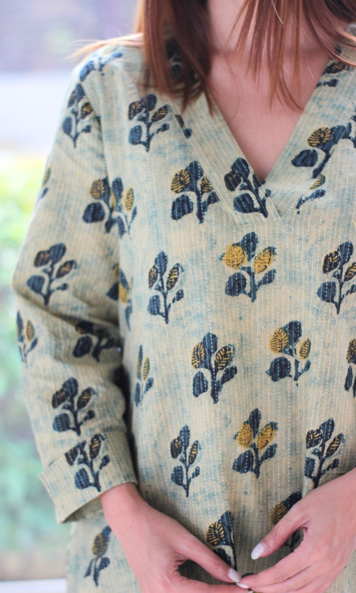 Cotton Kantha Summer Green Vanaspati print A-line Kurta