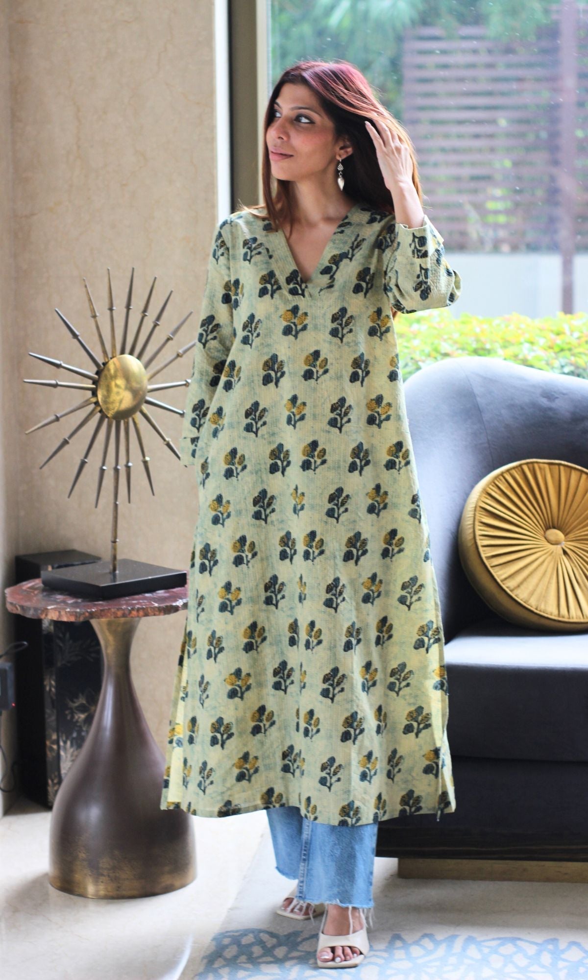 Cotton Kantha Summer Green Vanaspati print A-line Kurta