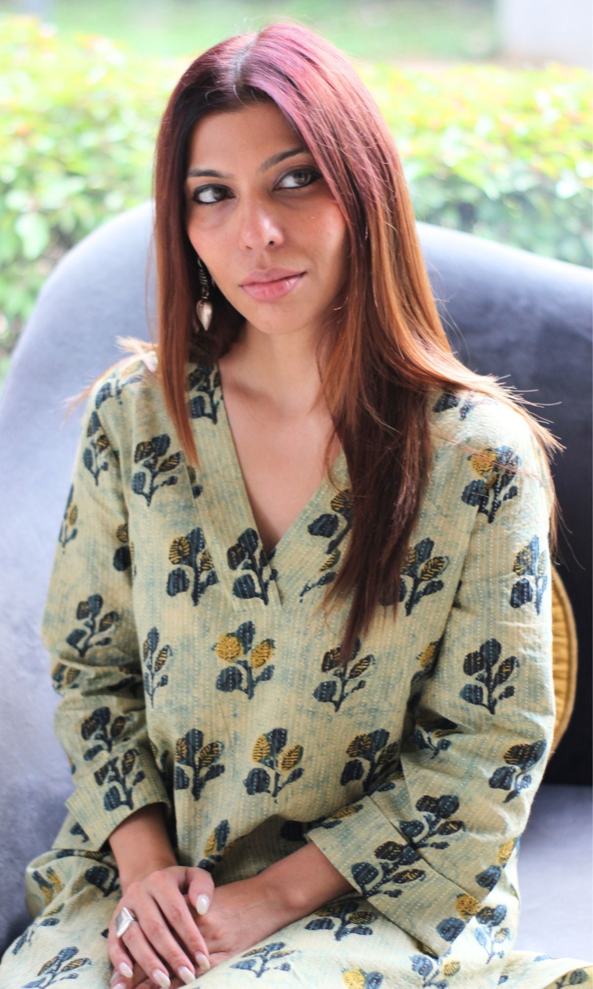 Cotton Kantha Summer Green Vanaspati print A-line Kurta
