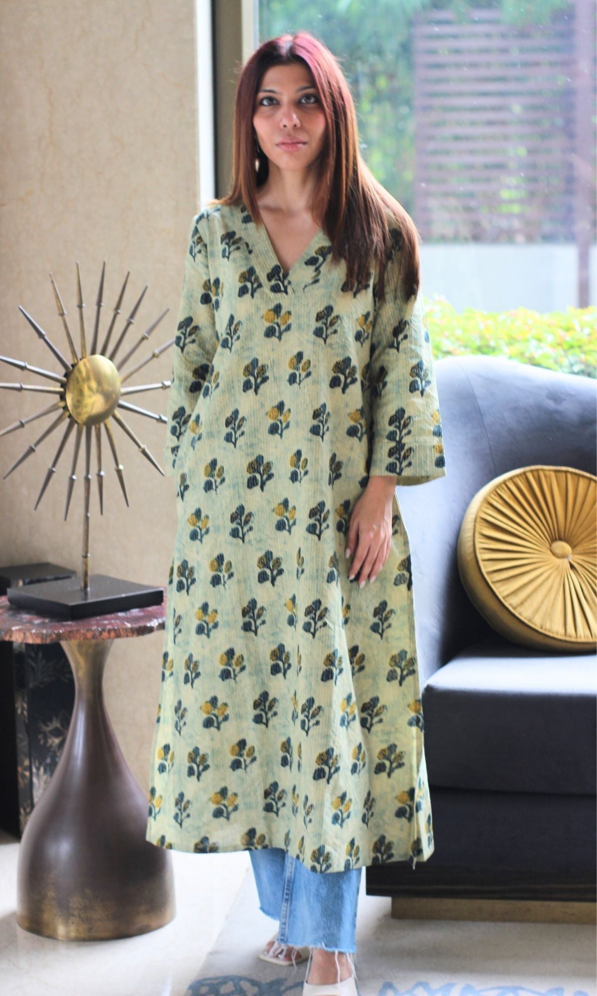 Cotton Kantha Summer Green Vanaspati print A-line Kurta