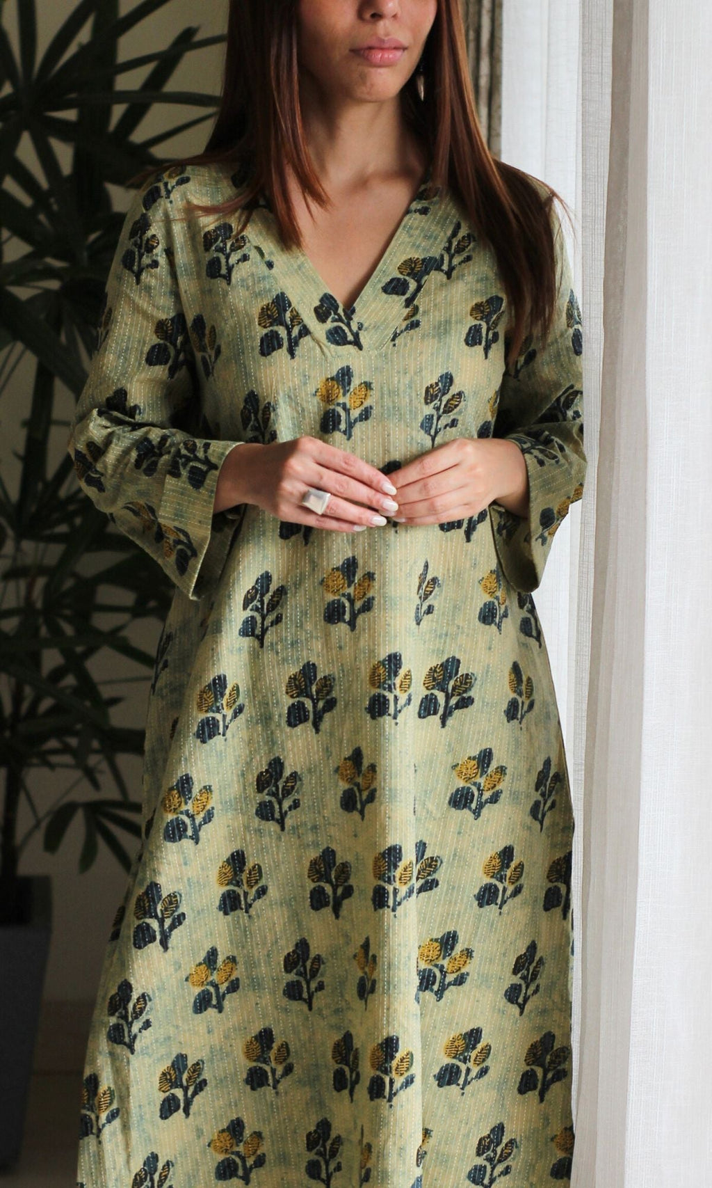 Cotton Kantha Summer Green Vanaspati print A-line Kurta