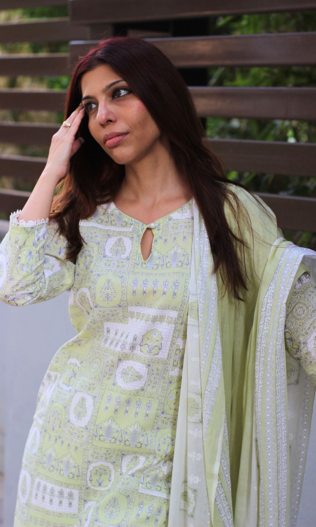 Cotton Lime Green Printed Pearl Button Suit Set with Cotton Dupatta