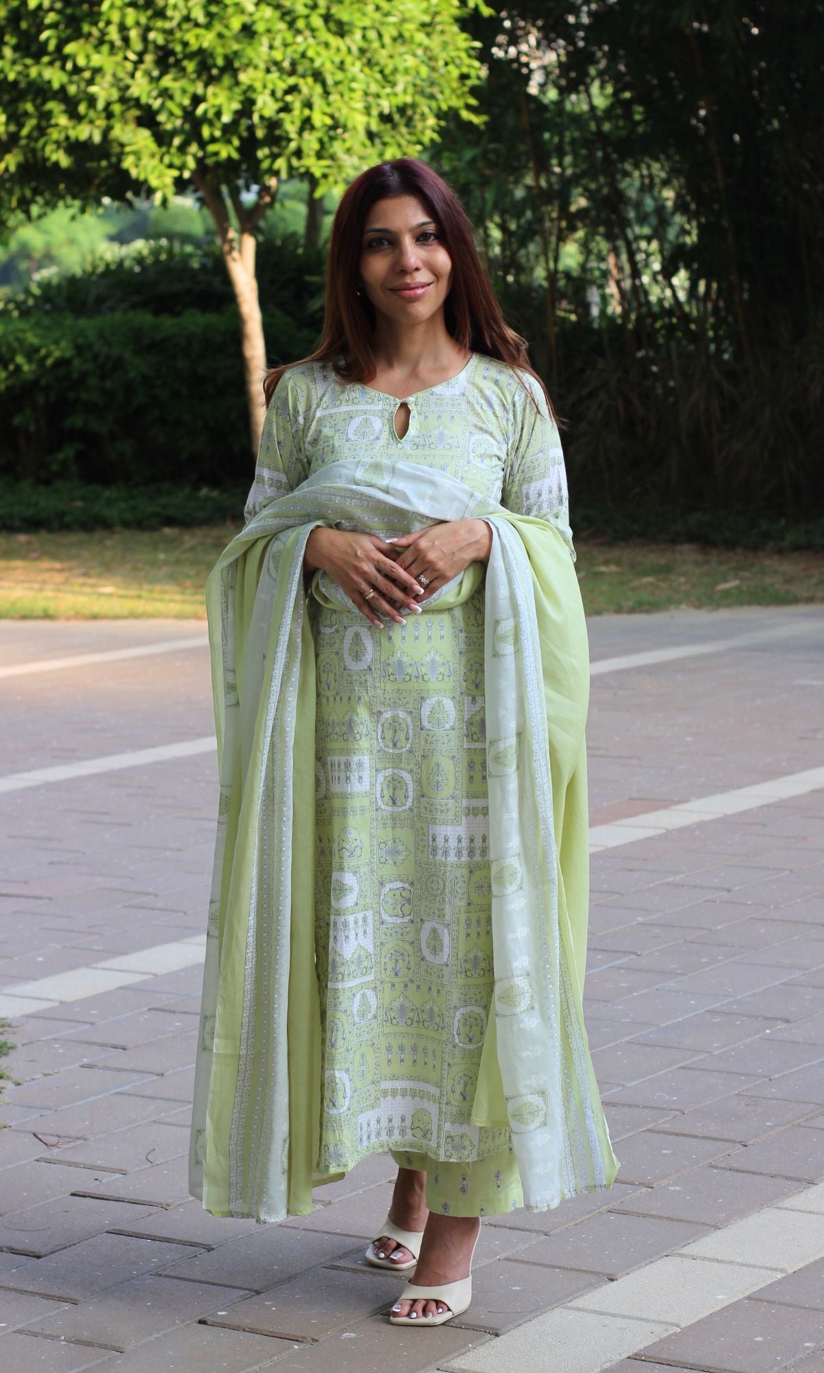 Cotton Lime Green Printed Pearl Button Suit Set with Cotton Dupatta