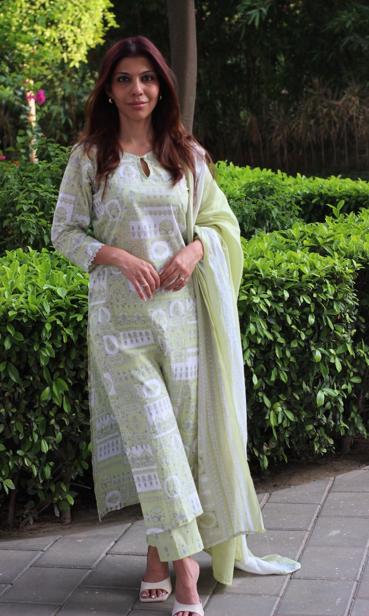 Cotton Lime Green Printed Pearl Button Suit Set with Cotton Dupatta