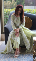 Cotton Lime Green Printed Pearl Button Suit Set with Cotton Dupatta