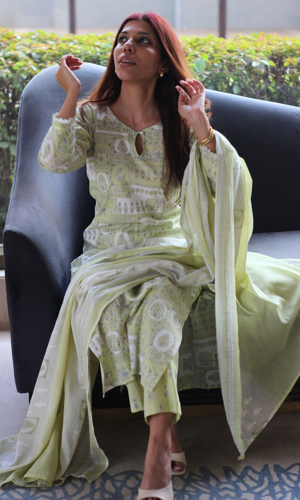 Cotton Lime Green Printed Pearl Button Suit Set with Cotton Dupatta