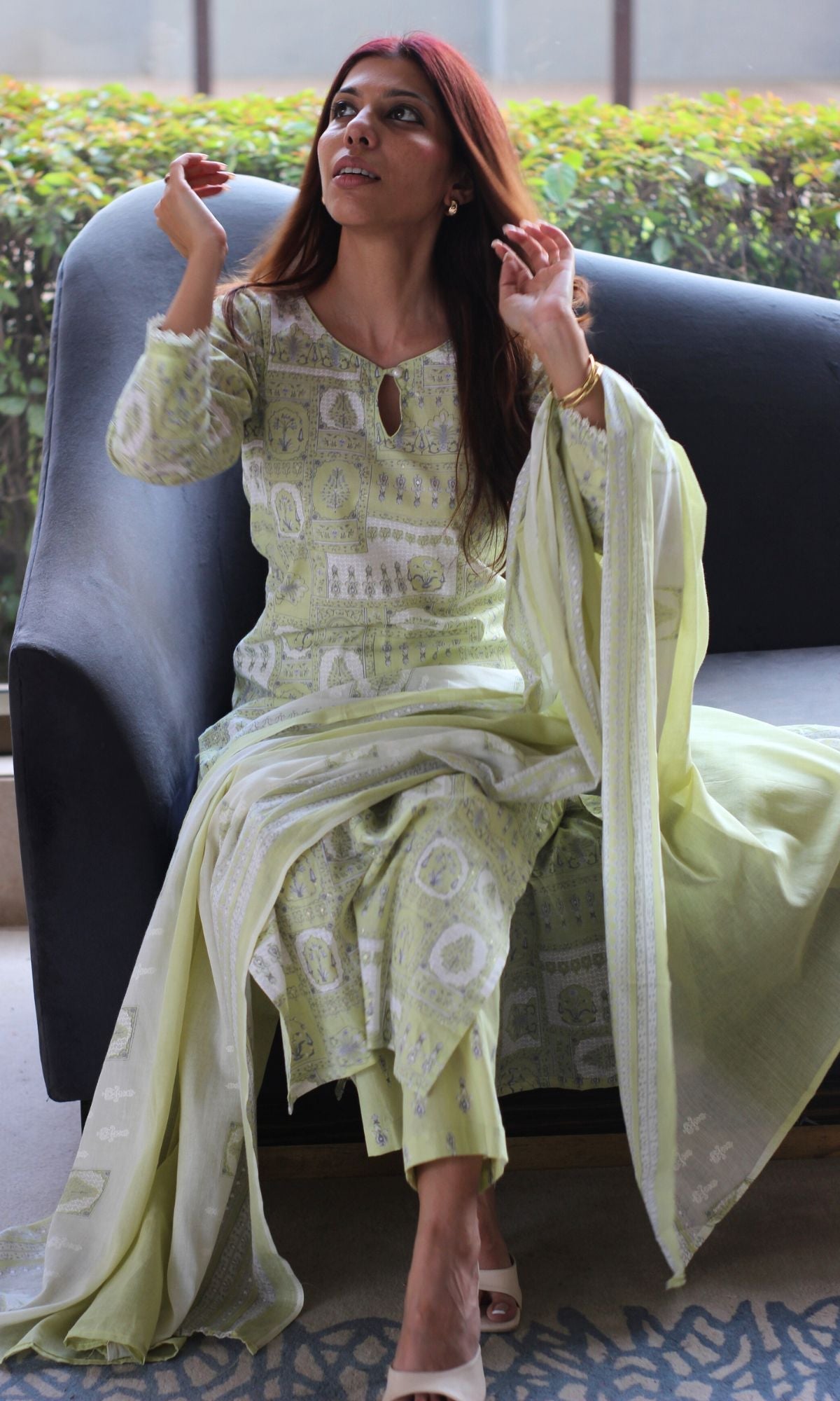 Cotton Lime Green Printed Pearl Button Suit Set with Cotton Dupatta