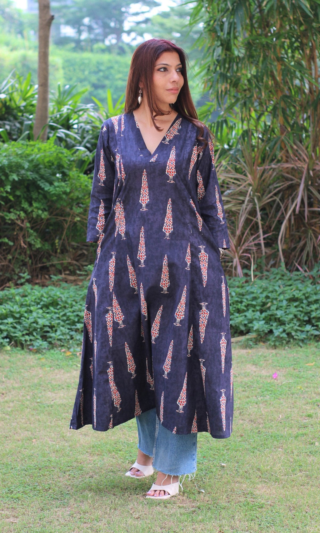 Cotton Midnight Blue Ajrakh Print Kali Kurta