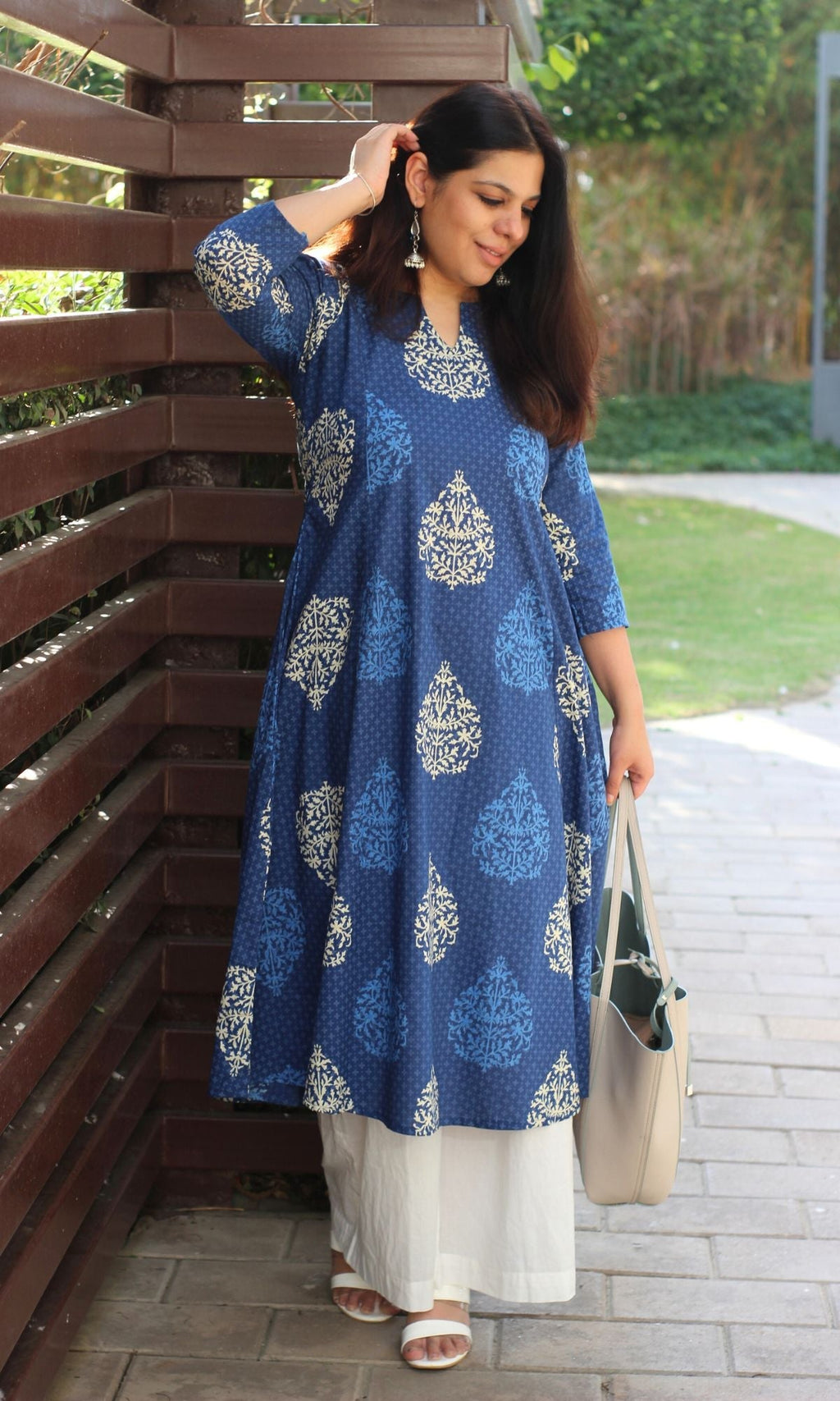 Cotton Mughal Print Blue Kali Kurta