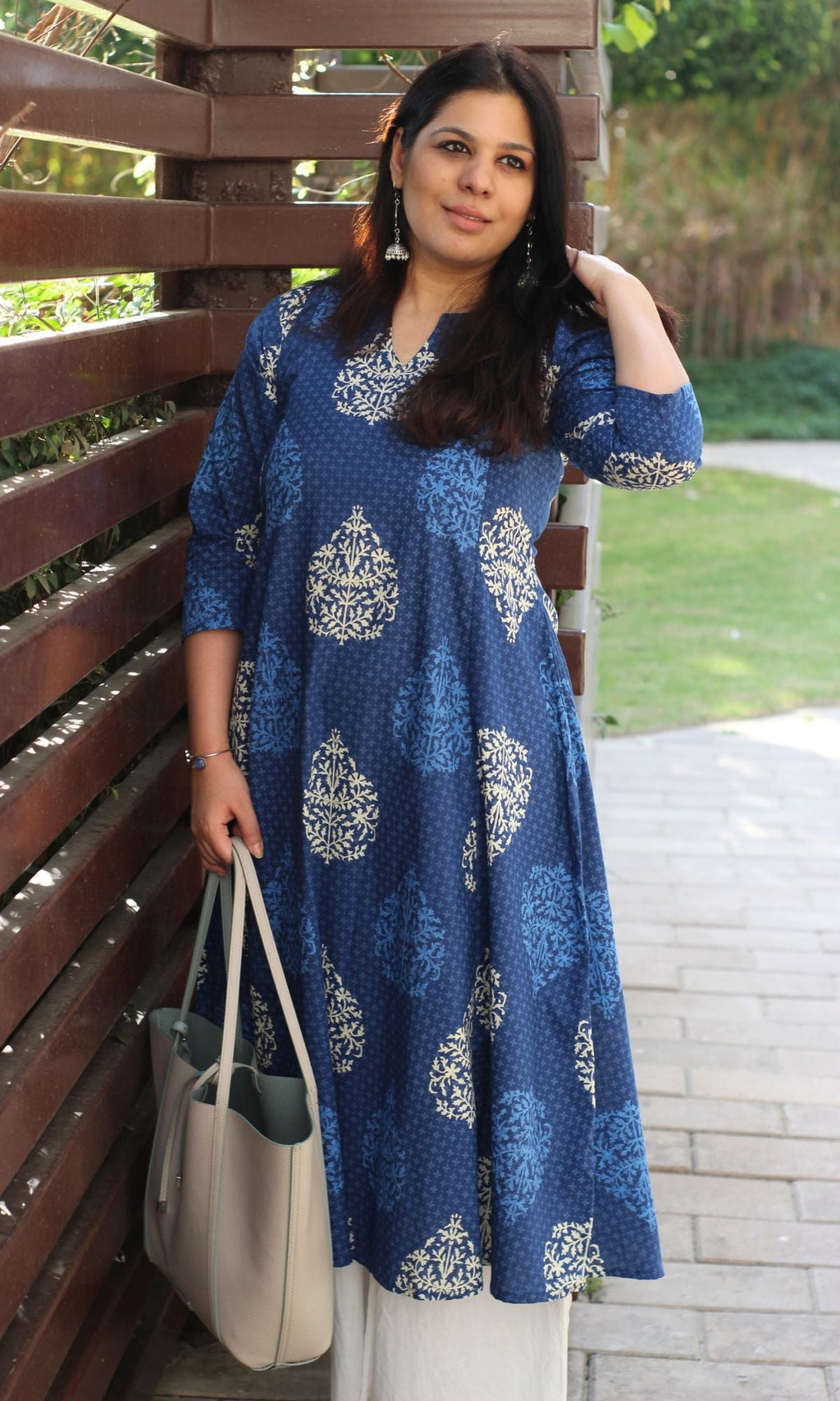 Cotton Mughal Print Blue Kali Kurta