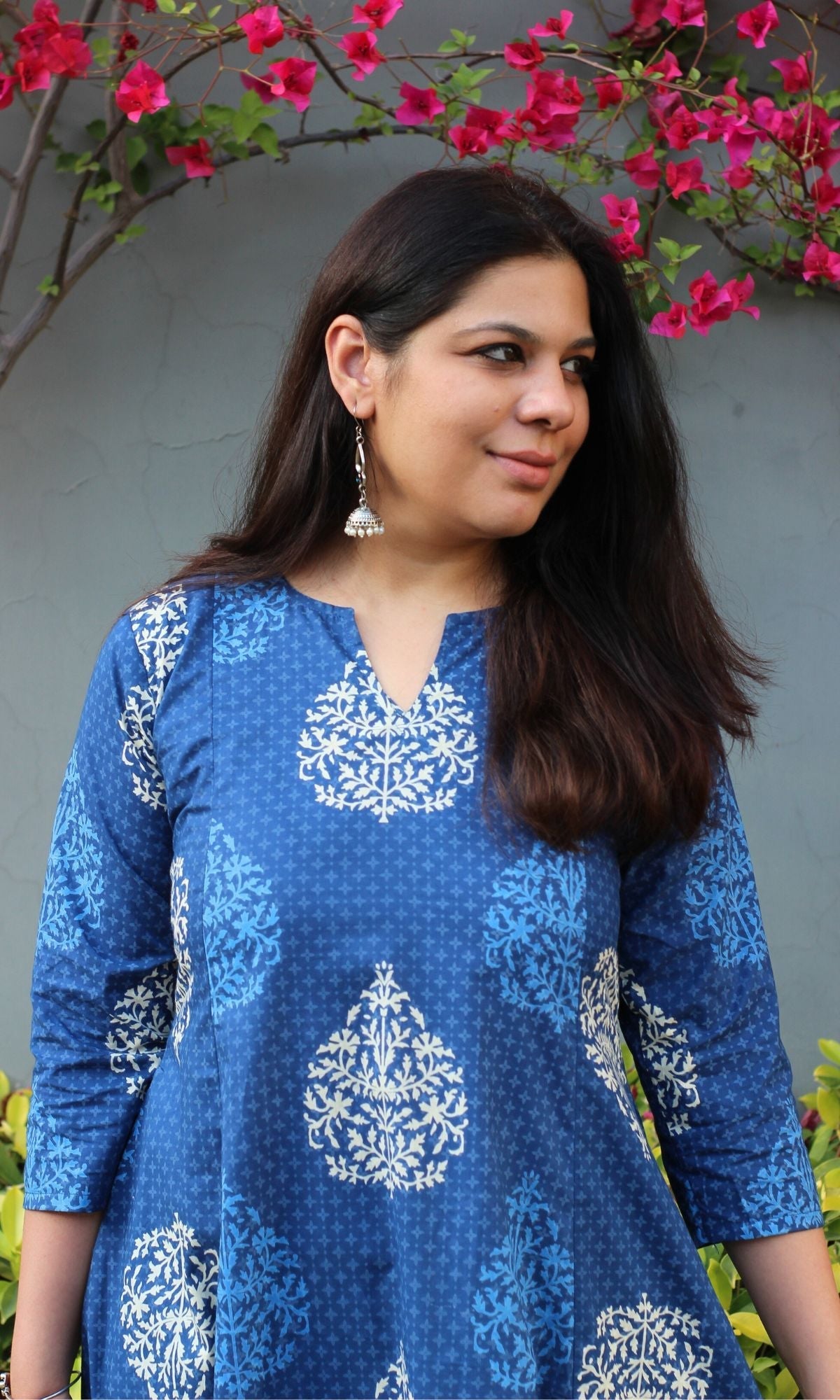 Cotton Mughal Print Blue Kali Kurta