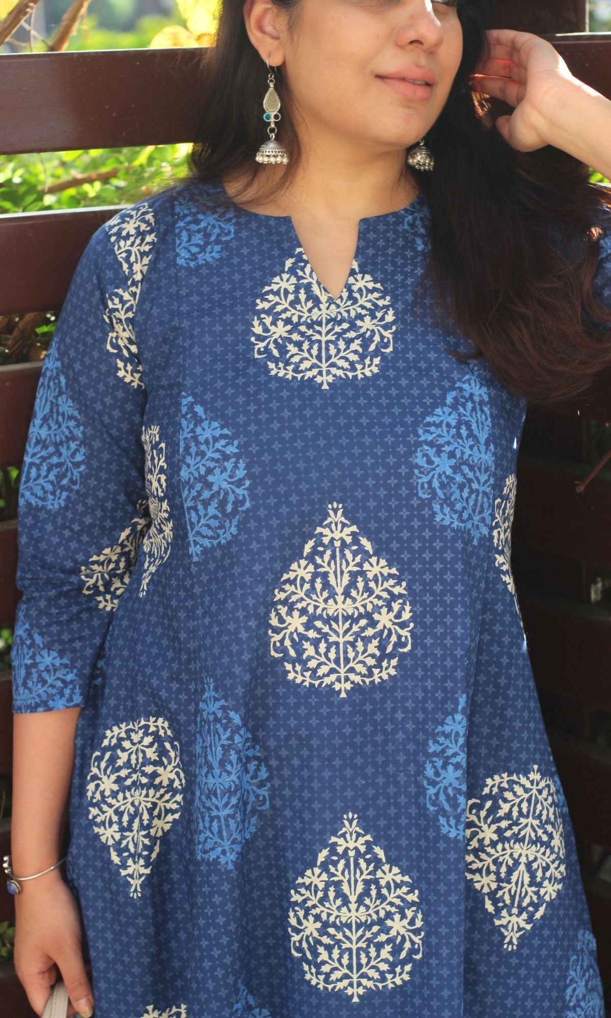 Cotton Mughal Print Blue Kali Kurta