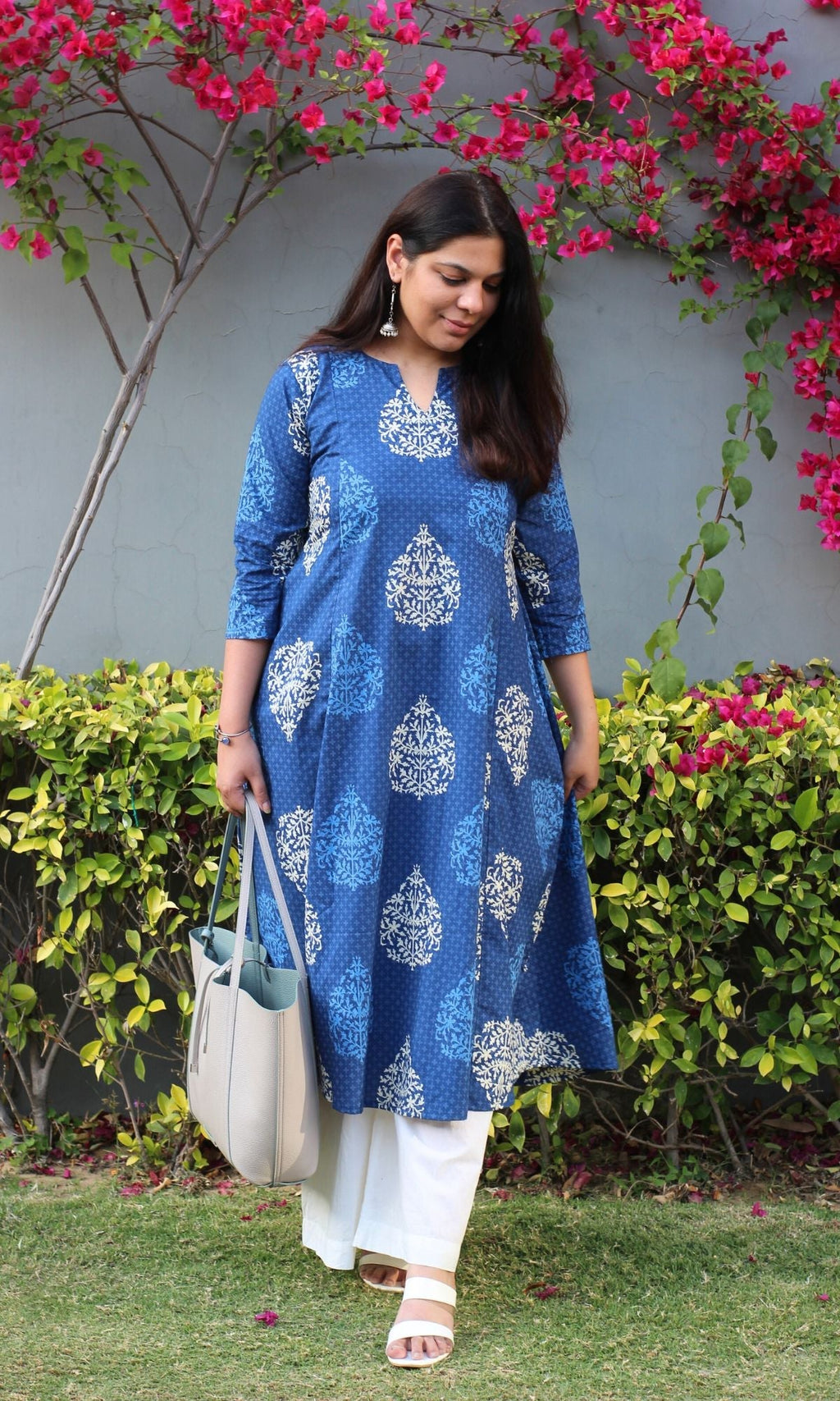Cotton Mughal Print Blue Kali Kurta