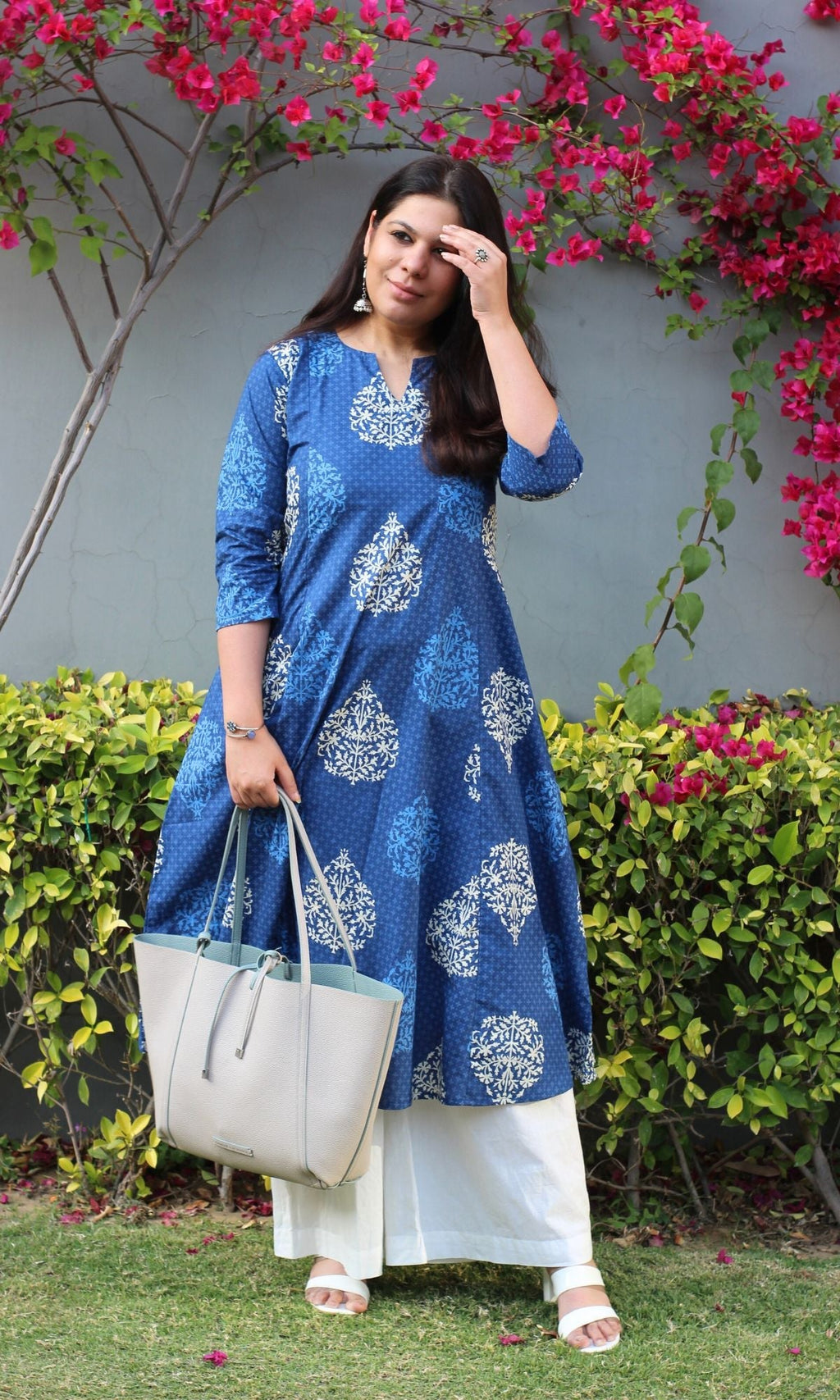 Cotton Mughal Print Blue Kali Kurta