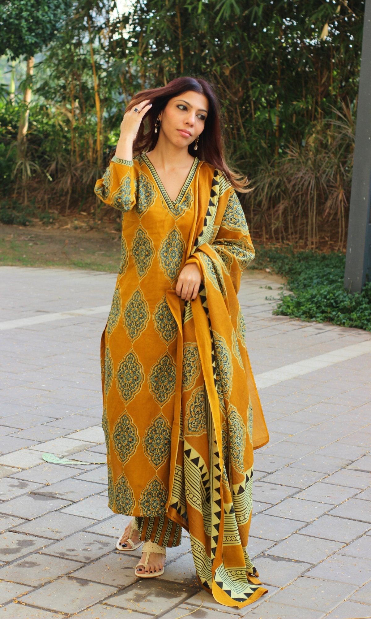 Cotton Mustard Geometric Mughal Print Suit with Cotton Printed Dupatta