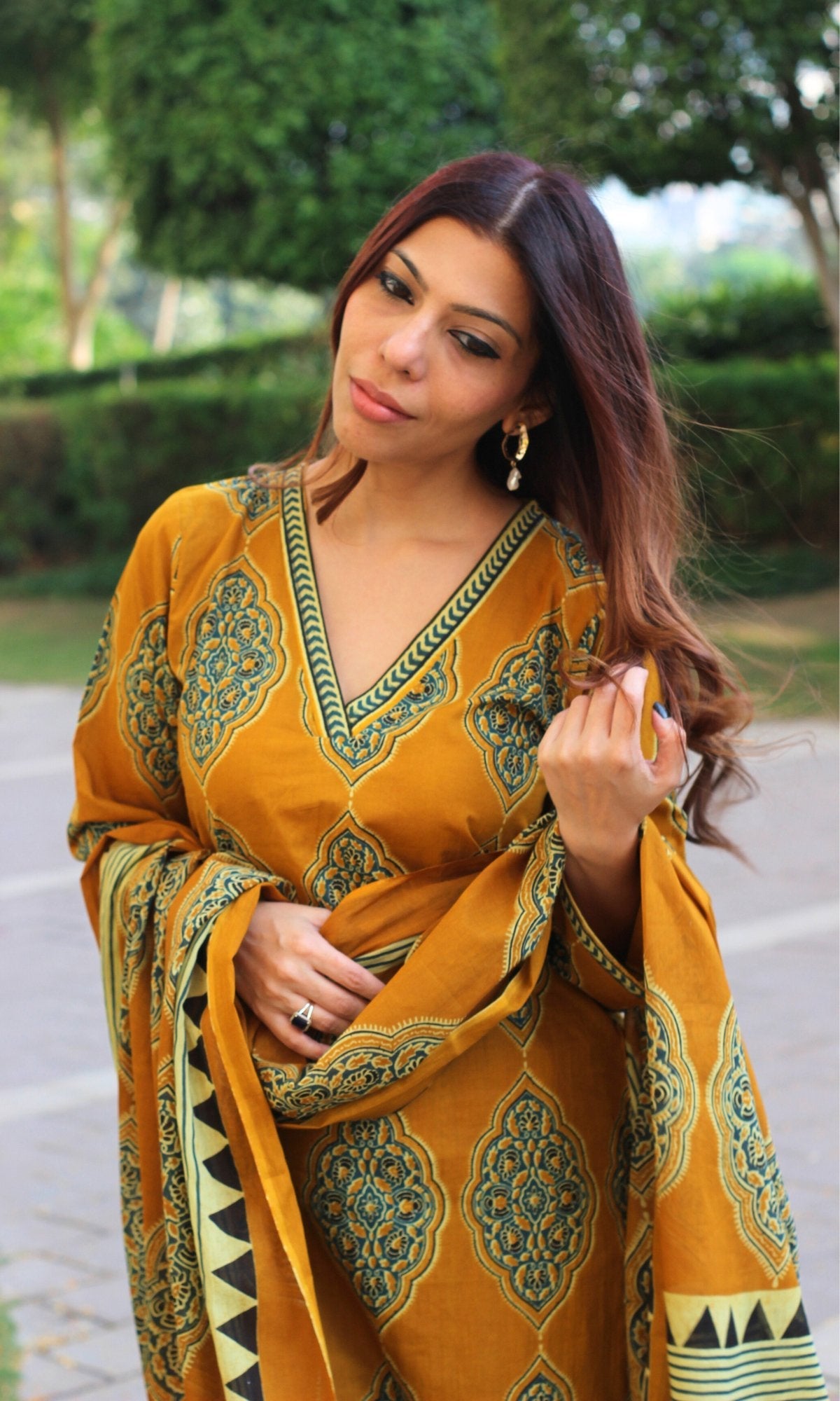Cotton Mustard Geometric Mughal Print Suit with Cotton Printed Dupatta