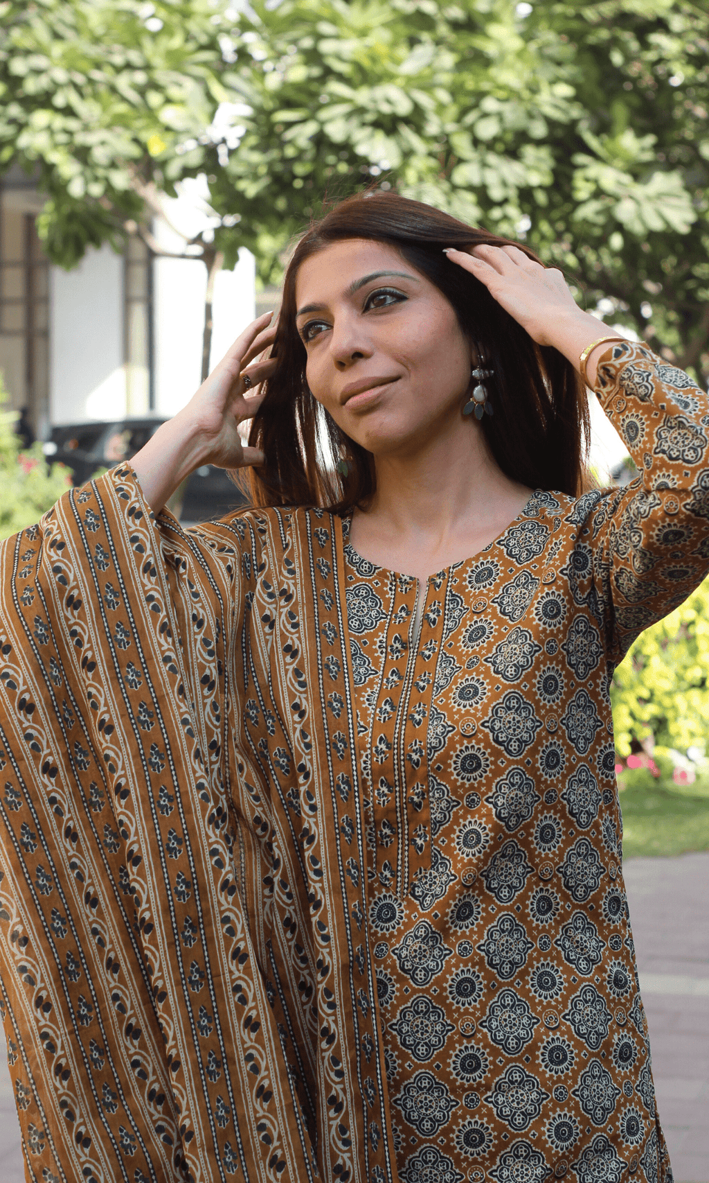 Cotton Mustard & Green Ajrakh Print Suit with Cotton Printed Dupatta