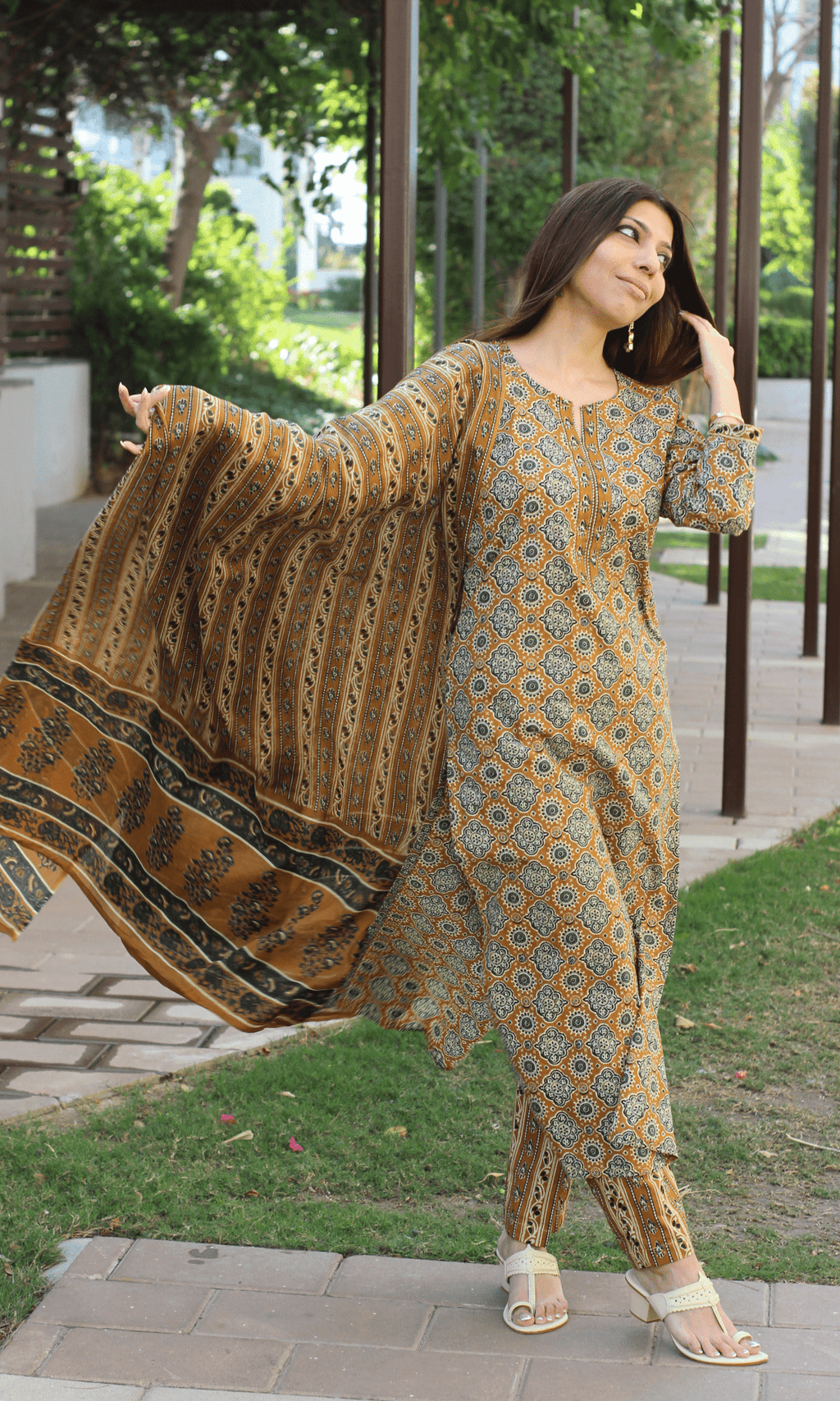 Cotton Mustard & Green Ajrakh Print Suit with Cotton Printed Dupatta