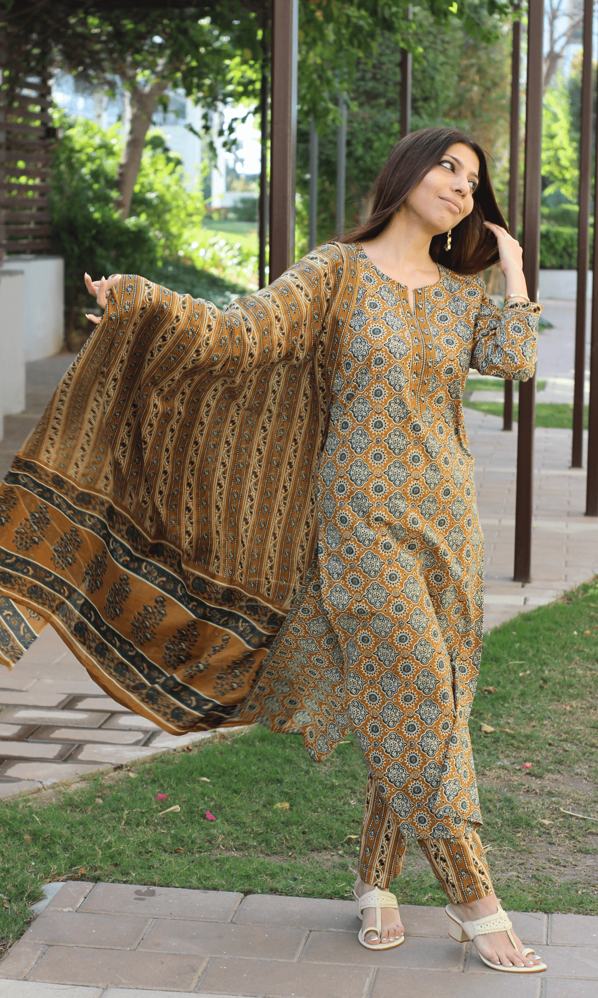 Cotton Mustard & Green Ajrakh Print Suit with Cotton Printed Dupatta