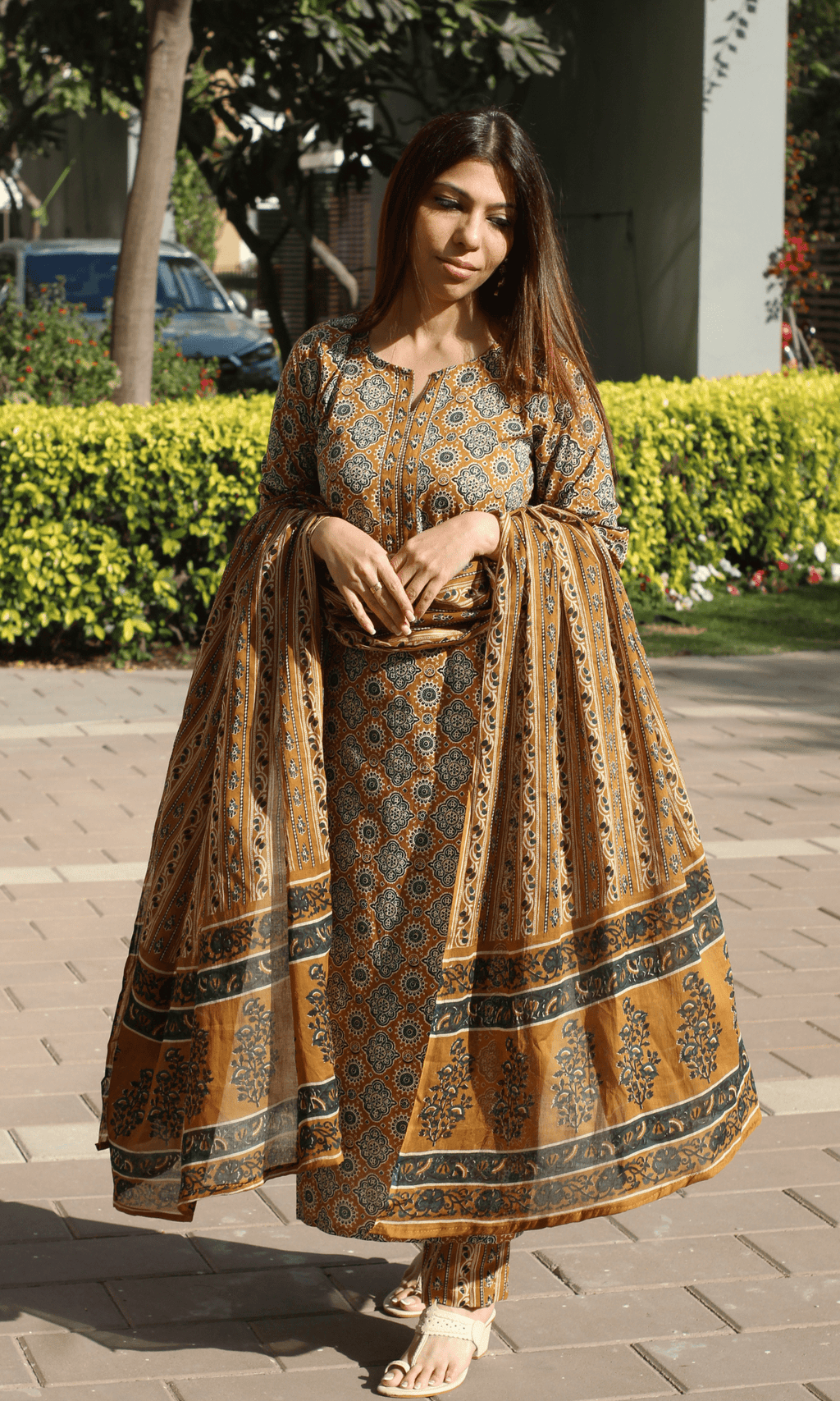Cotton Mustard & Green Ajrakh Print Suit with Cotton Printed Dupatta