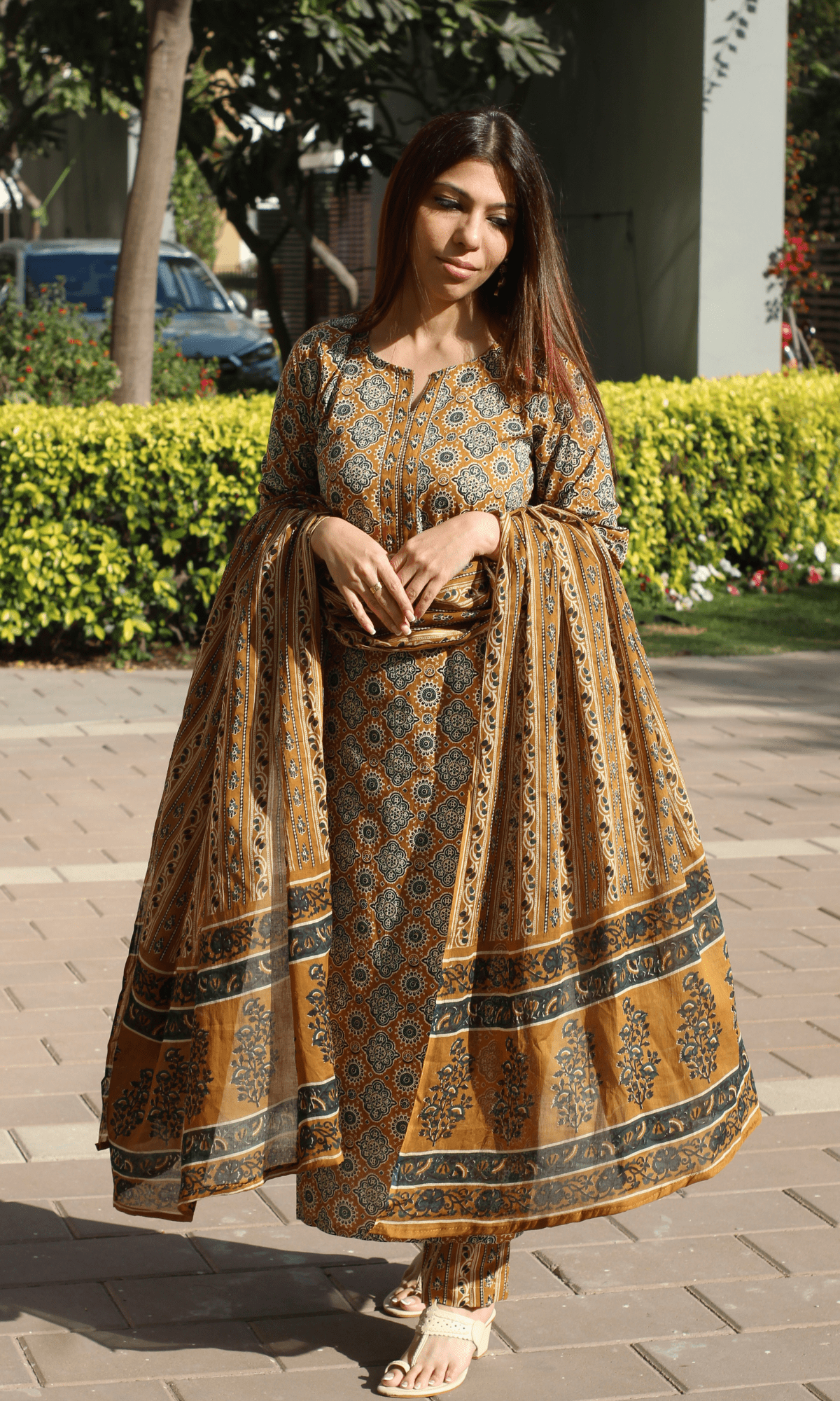 Cotton Mustard & Green Ajrakh Print Suit with Cotton Printed Dupatta