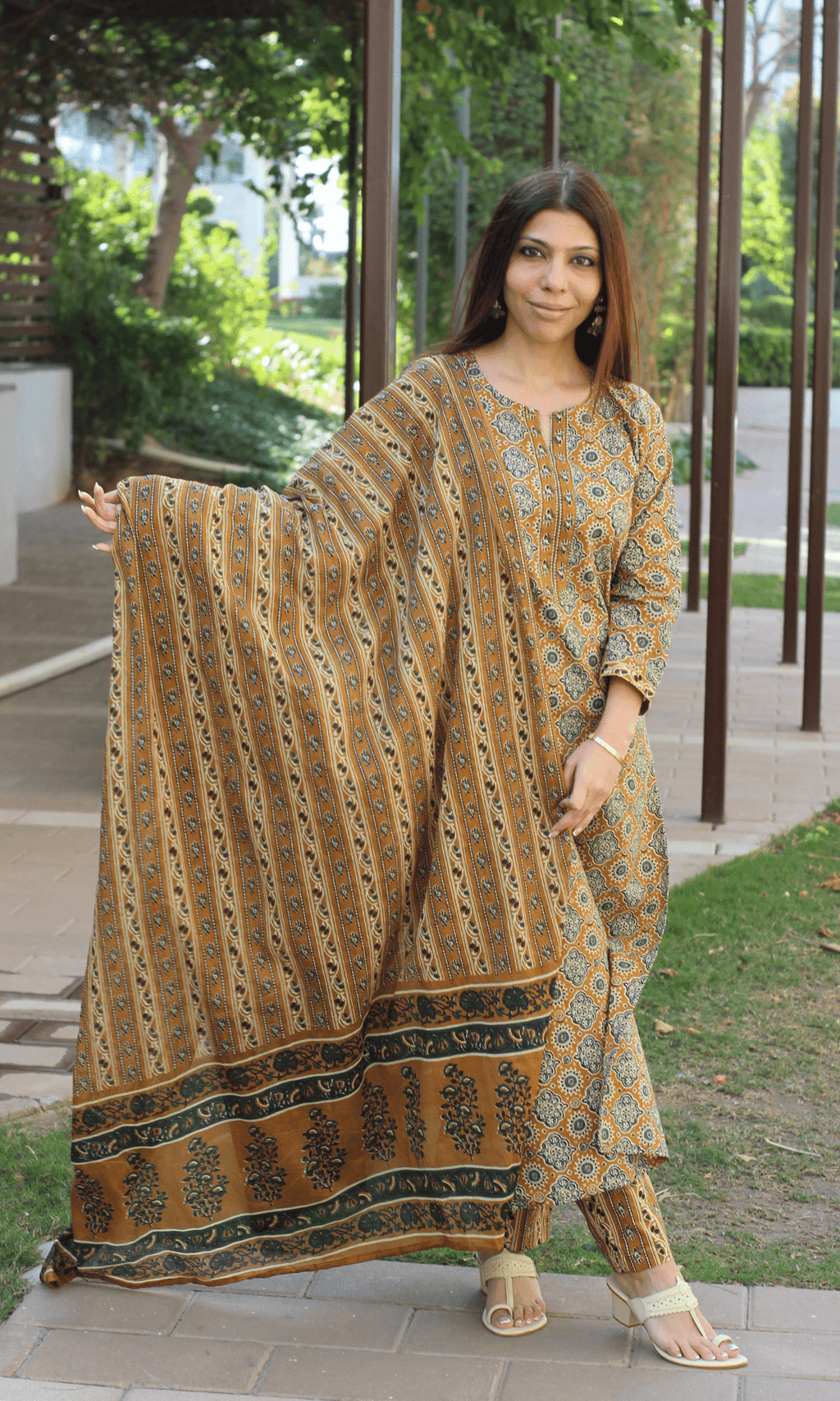 Cotton Mustard & Green Ajrakh Print Suit with Cotton Printed Dupatta