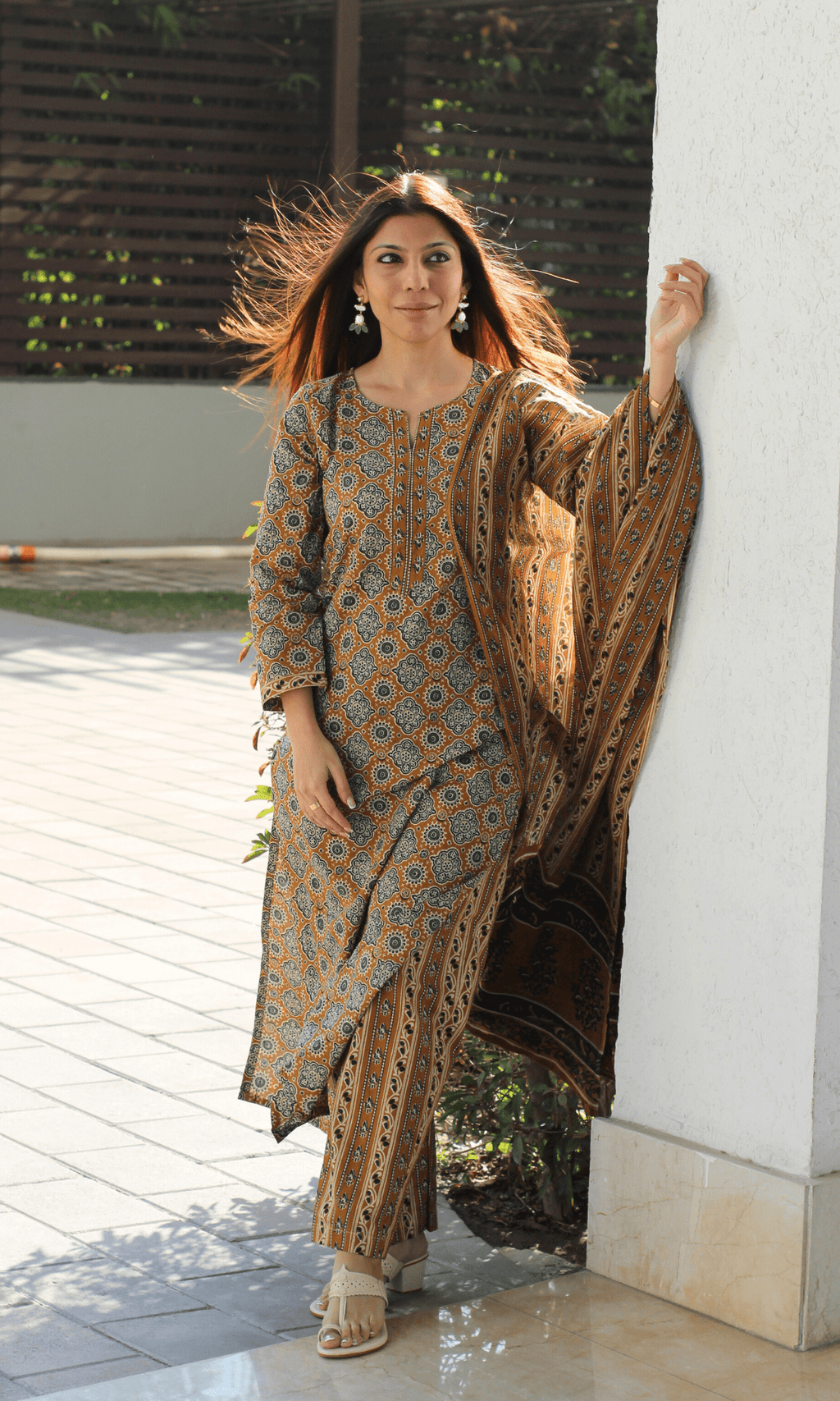 Cotton Mustard & Green Ajrakh Print Suit with Cotton Printed Dupatta
