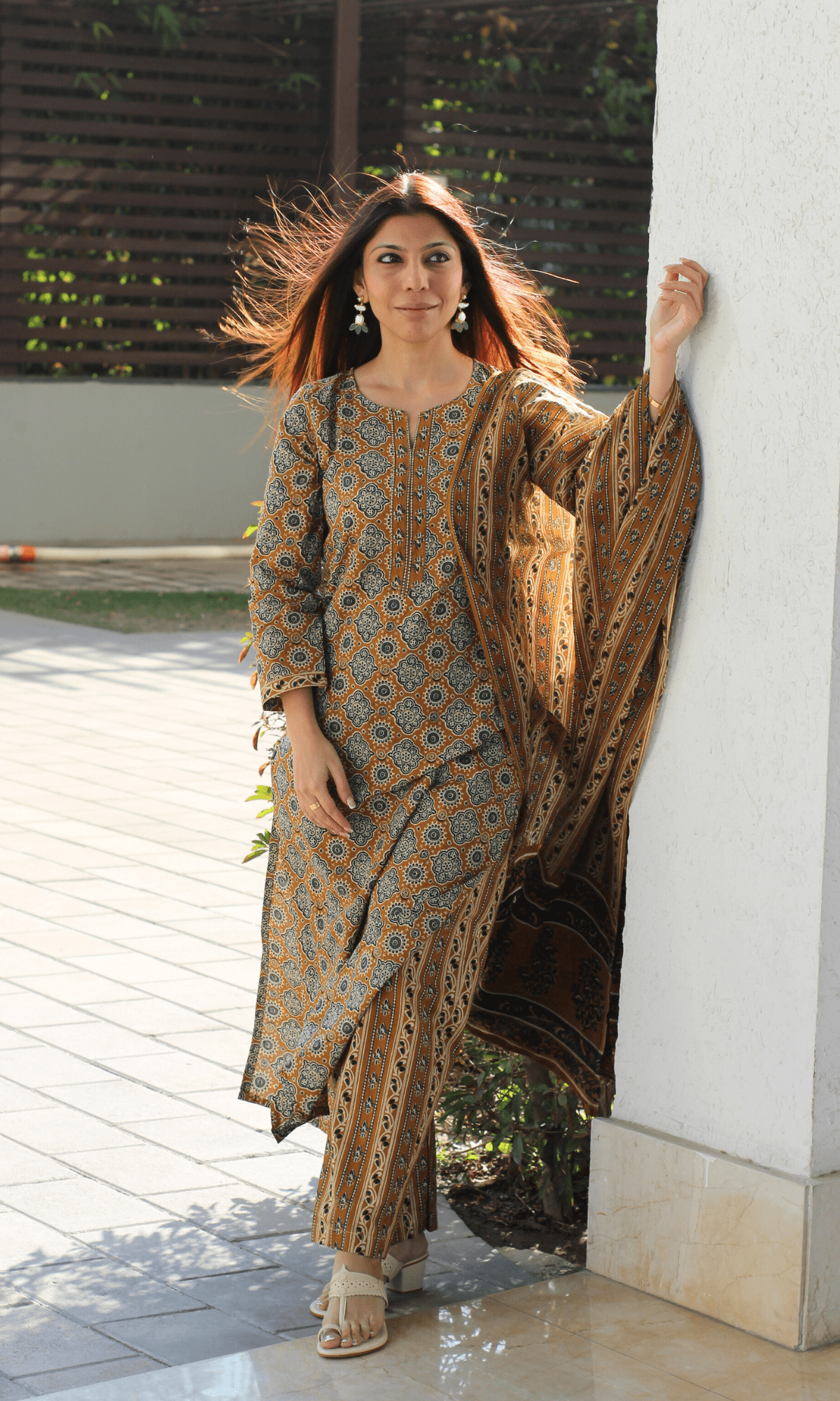 Cotton Mustard & Green Ajrakh Print Suit with Cotton Printed Dupatta