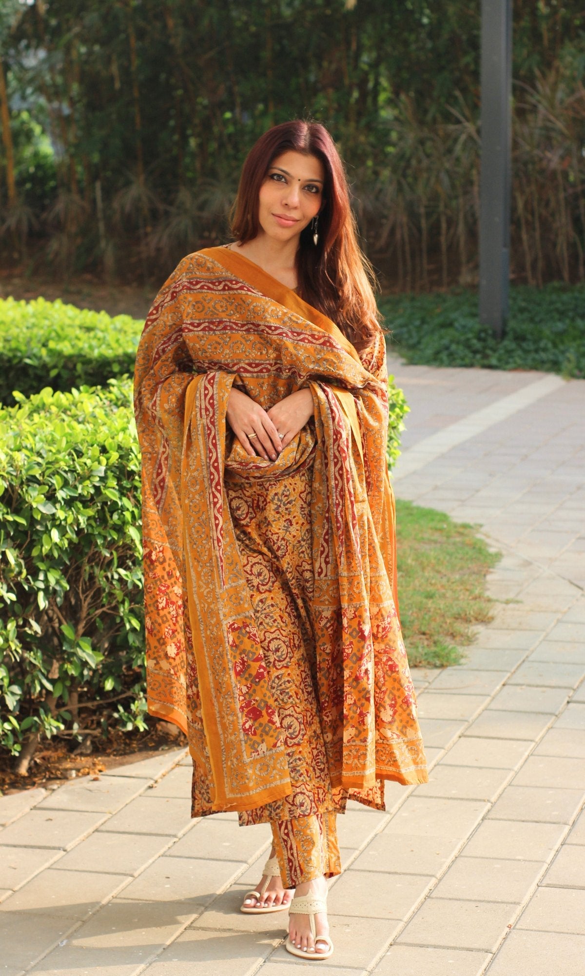 Cotton Mustard & Red Printed Suit with Mul Printed Dupatta