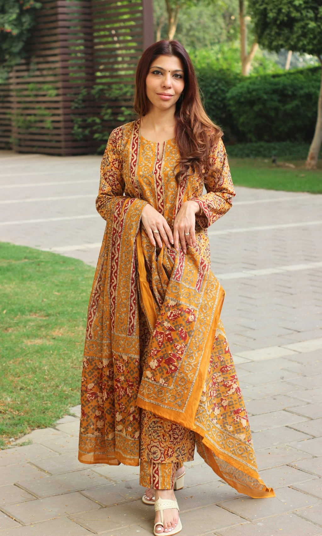 Cotton Mustard & Red Printed Suit with Mul Printed Dupatta
