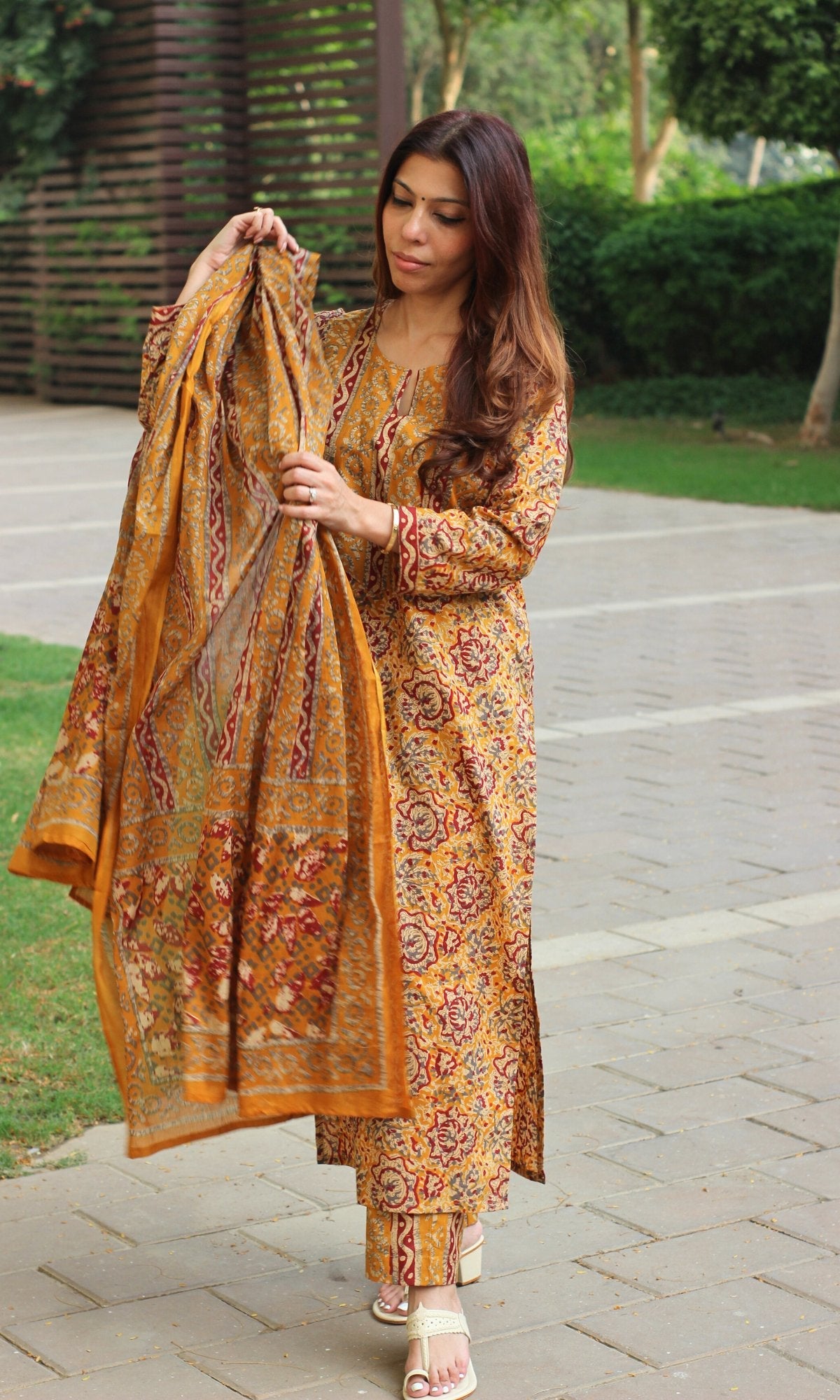Cotton Mustard & Red Printed Suit with Mul Printed Dupatta