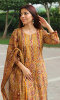 Cotton Mustard & Red Printed Suit with Mul Printed Dupatta