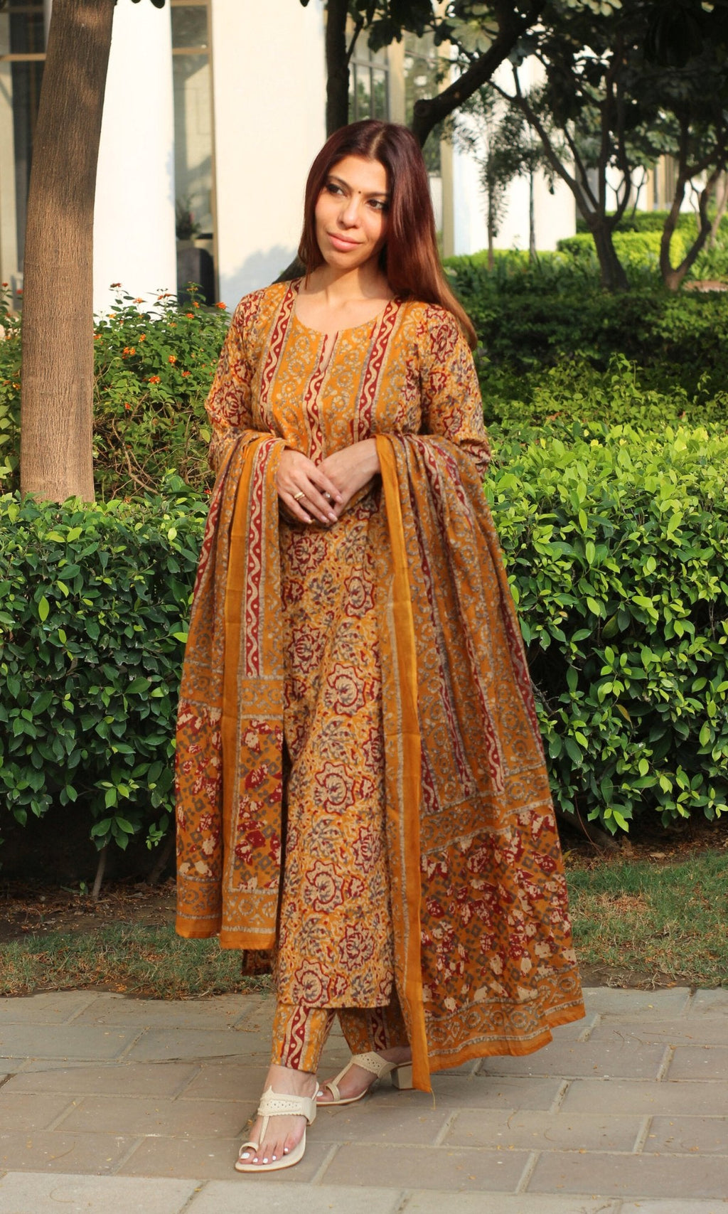 Cotton Mustard & Red Printed Suit with Mul Printed Dupatta